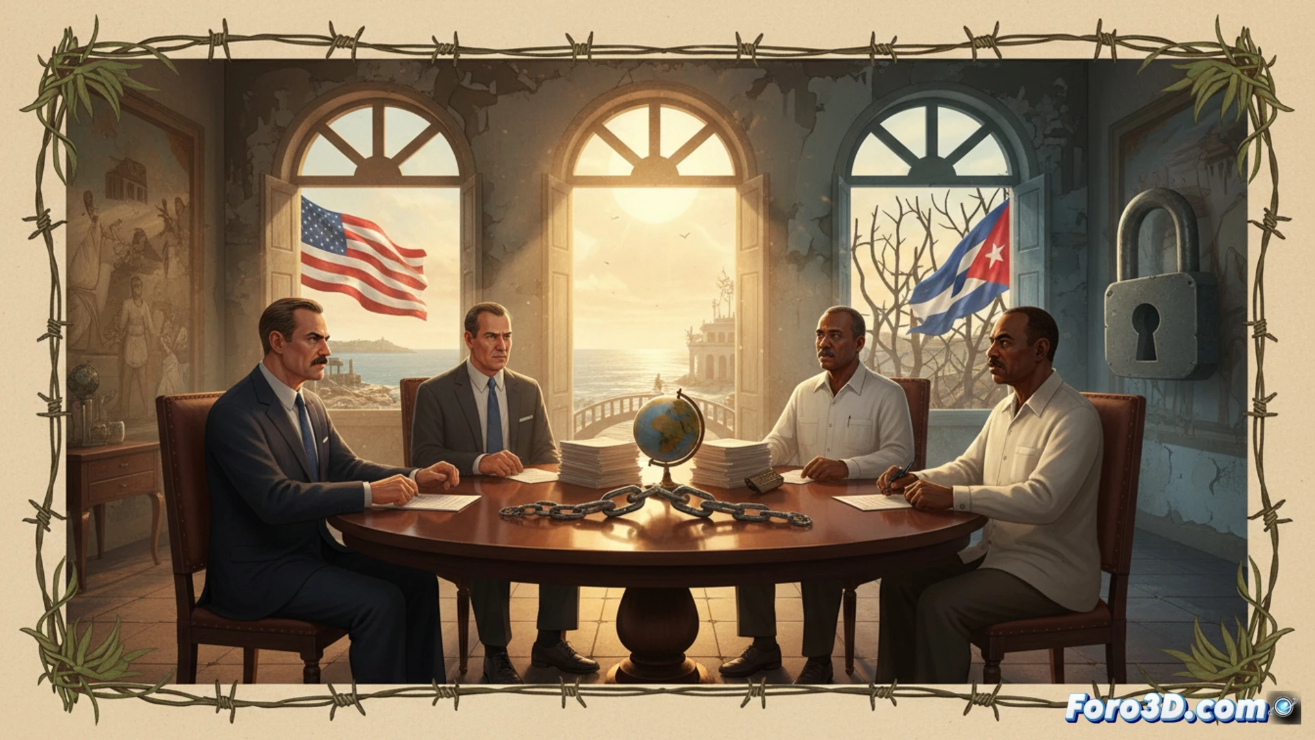 Dos diplomáticos conversan en una mesa, con banderas de EEUU y Cuba al fondo en La Habana.