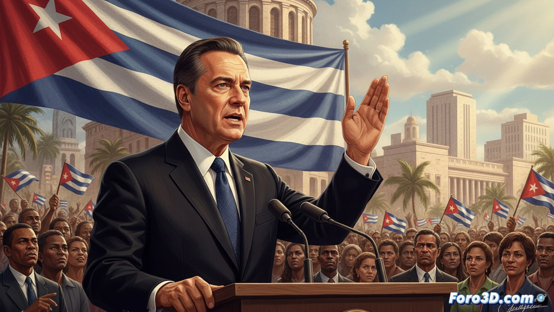 El presidente cubano hablando con firmeza ante una bandera, mientras señala a un mapa de EE.UU. con símbolos de tensión.