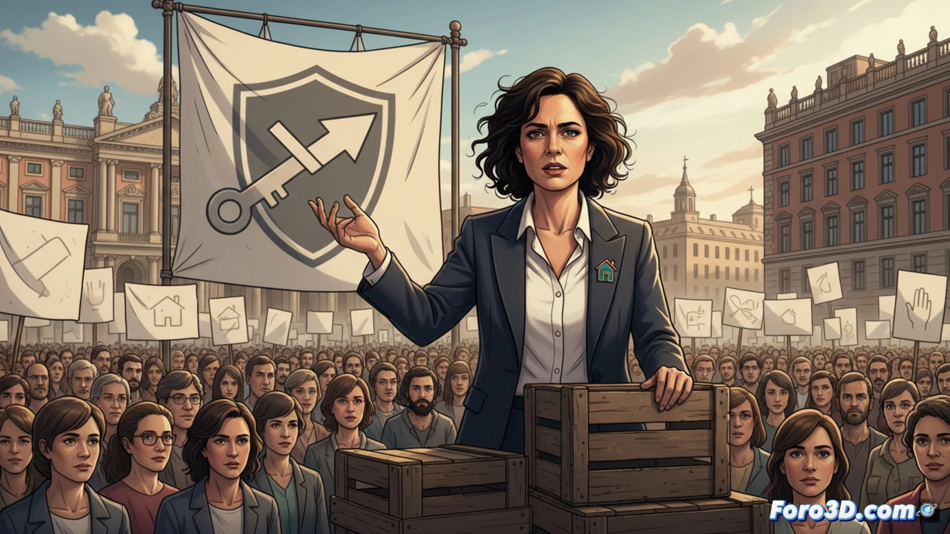 Yolanda Díaz, de pie ante el Congreso, alza el puño mientras una multitud se moviliza al fondo.