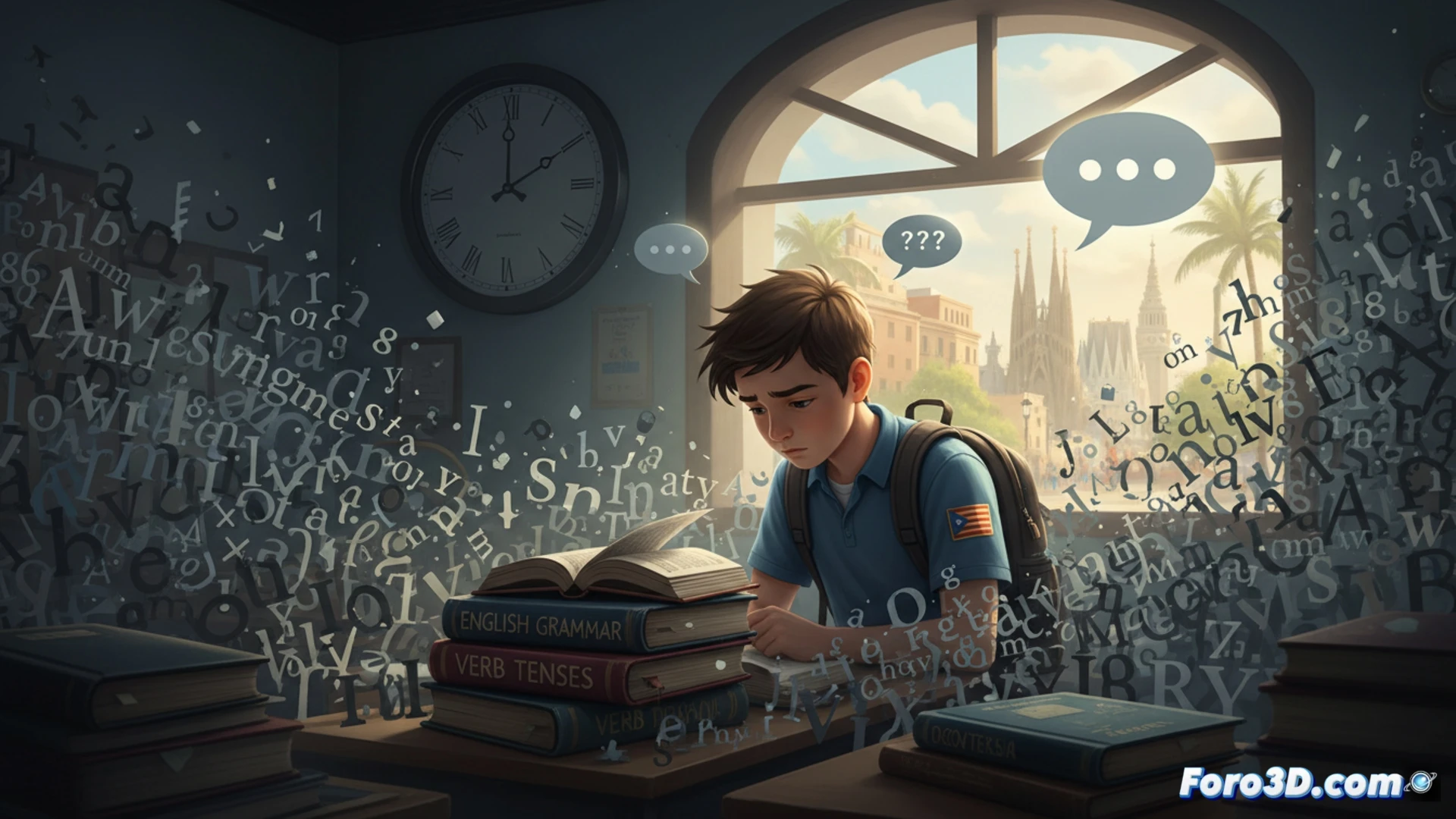 Un aula vacía con pupitres y una pizarra llena de reglas gramaticales en inglés, mientras al fondo un cartel muestra gráficos de resultados bajos en expresión oral y escrita.