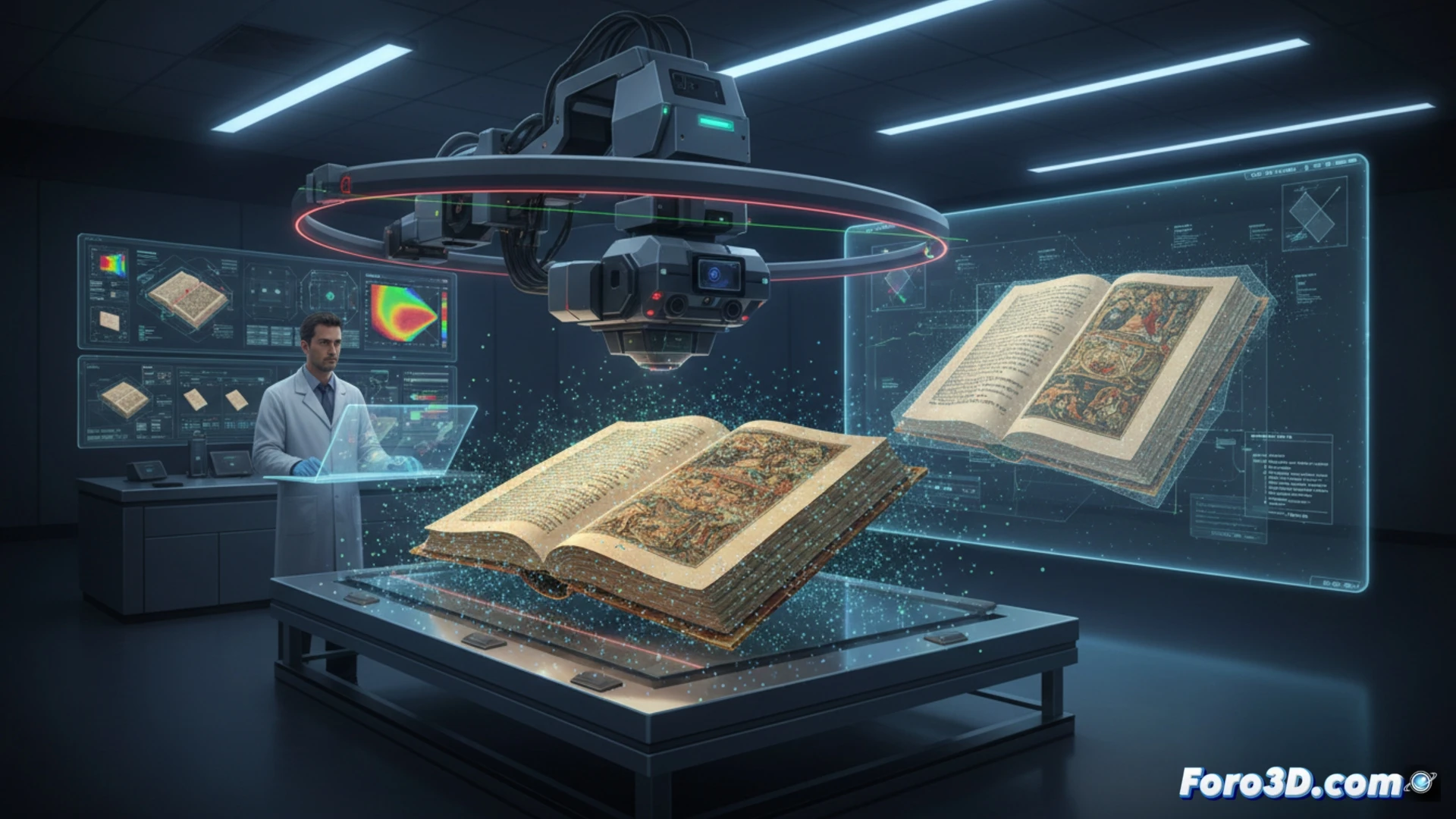 Modelo 3D de un manuscrito medieval abierto, mostrando el relieve de la tinta y la textura del pergamino en detalle.