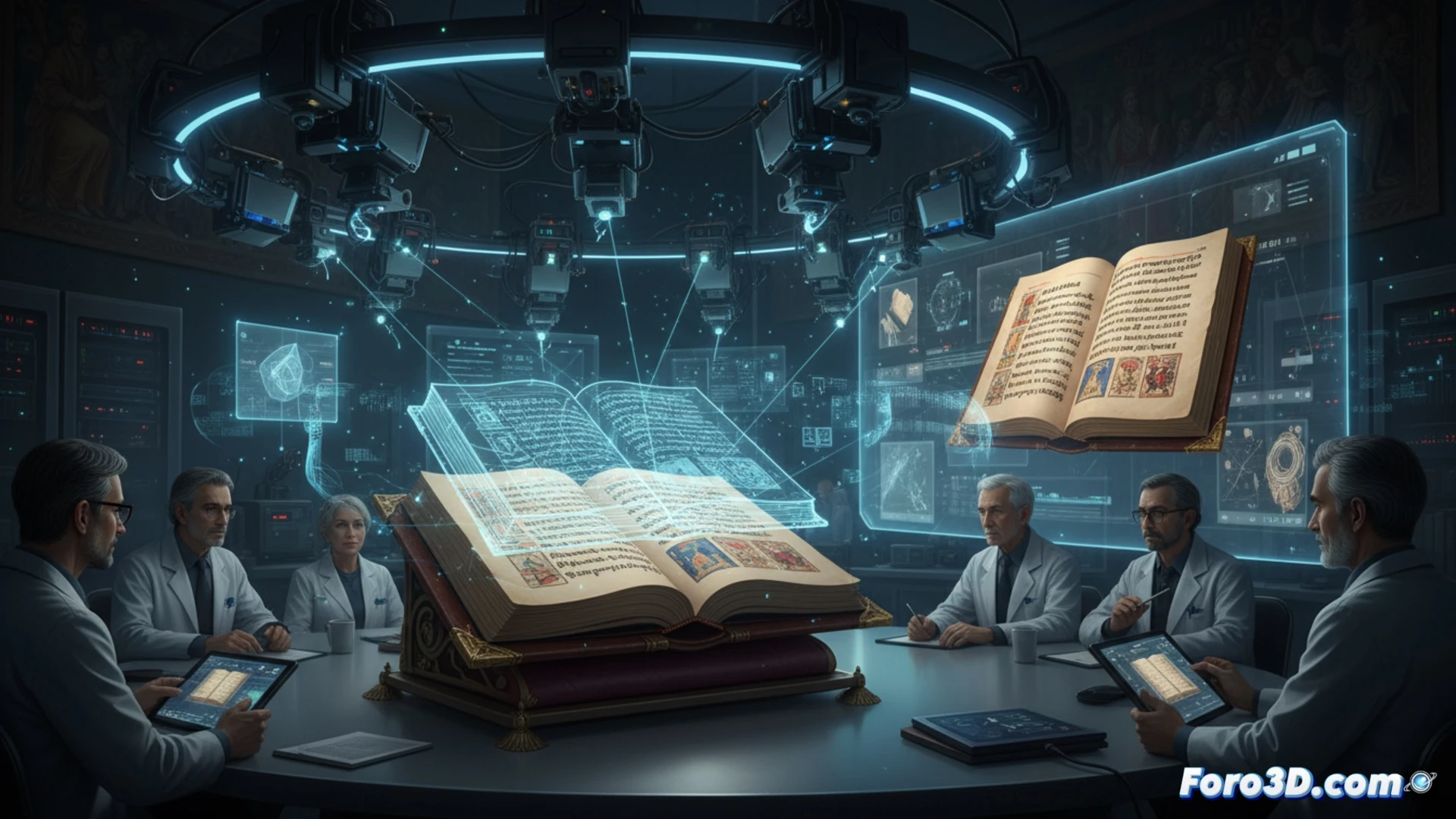 Vista en 3D del manuscrito Cancioneiro da Ajuda abierto, mostrando detalles de su encuadernación y páginas iluminadas.