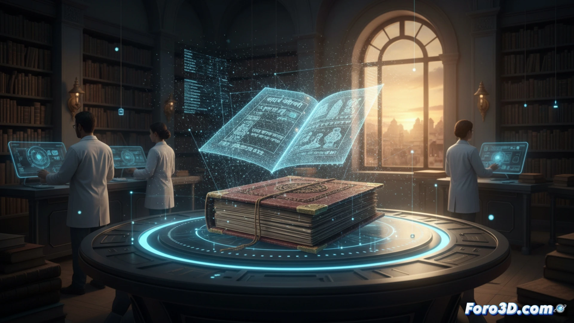 Manuscrito antiguo digitalizado en 3D, mostrando detalles de textura y escritura en un fondo oscuro.