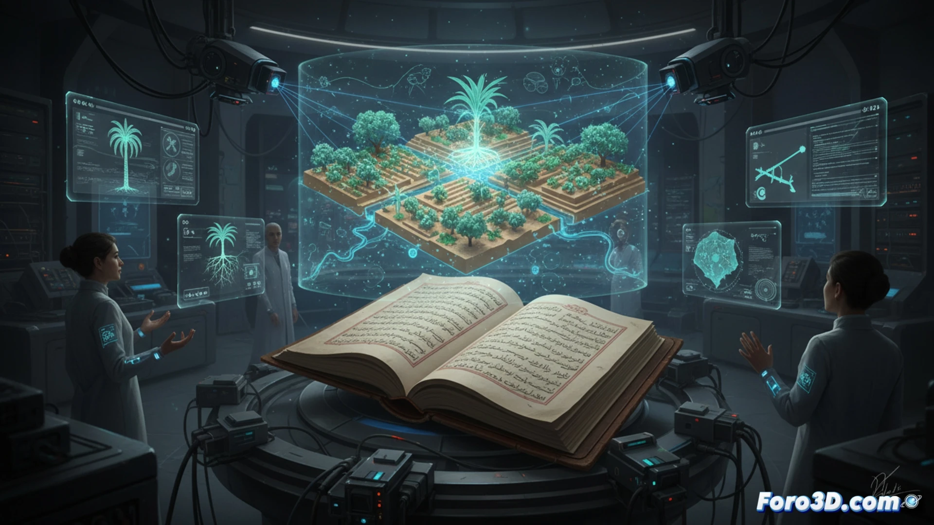 Manuscrito antiguo abierto con superposicion digital 3D mostrando animaciones de tecnicas agricolas andalusies.