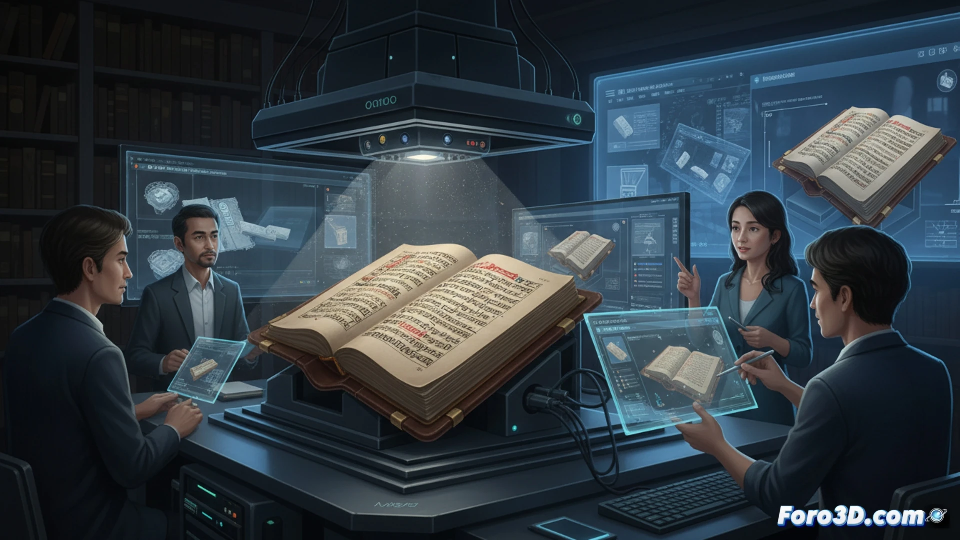 Recreación digital en 3D de una página iluminada del Cancioneiro da Vaticana, mostrando detalles de texto y ornamentación.