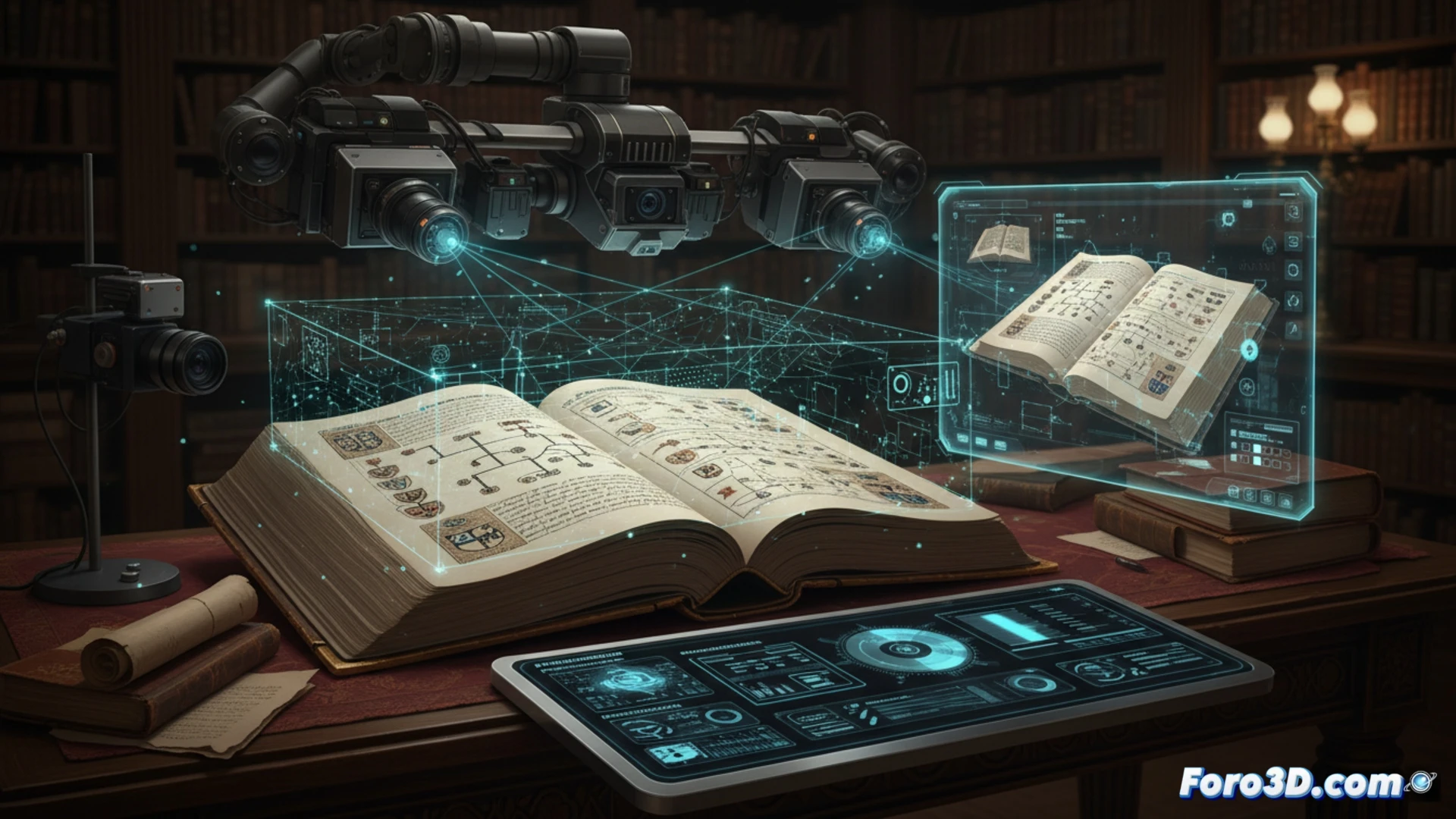 Reconstrucción 3D de un manuscrito medieval abierto, mostrando detalles de tinta y pergamino con un modelo digital girando al fondo.