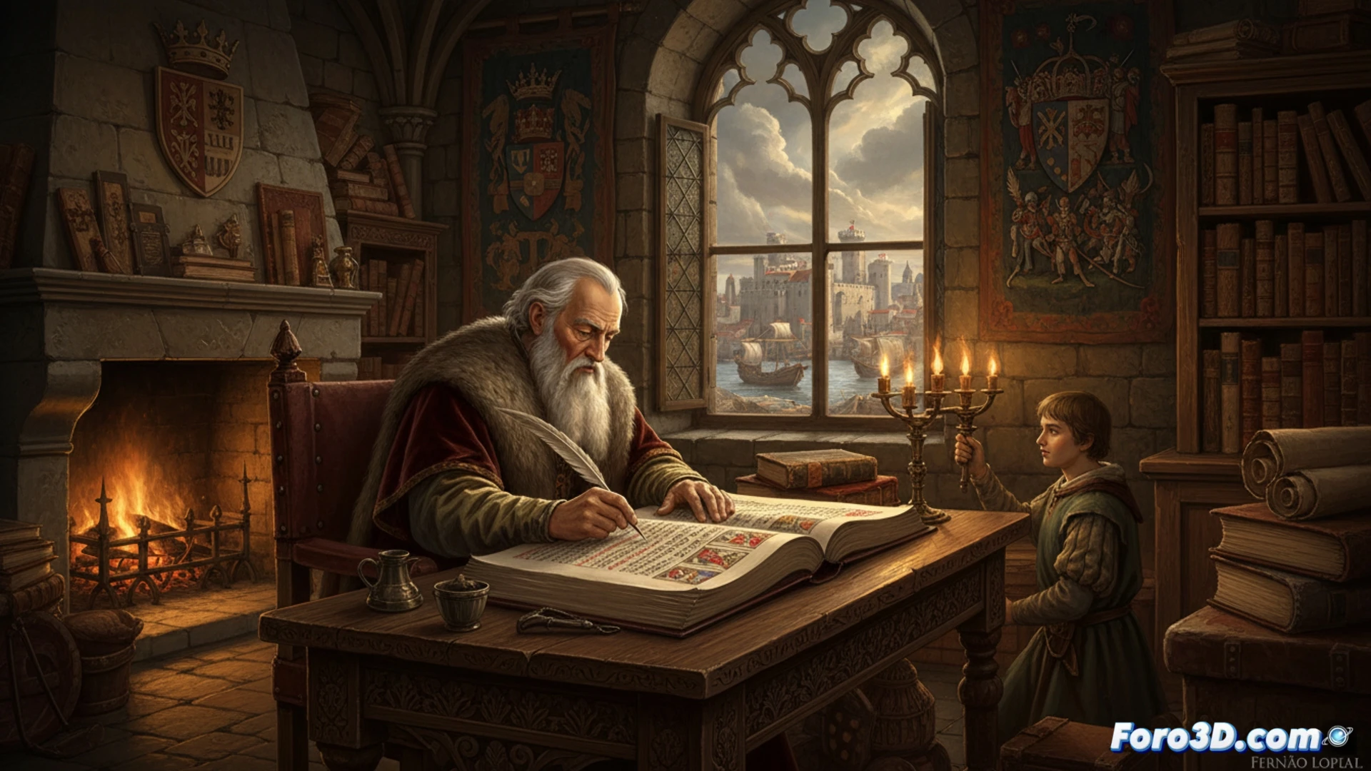 Reconstrucción 3D de una escena medieval inspirada en la Crónica de 1419, mostrando detalles arquitectónicos y figuras históricas.