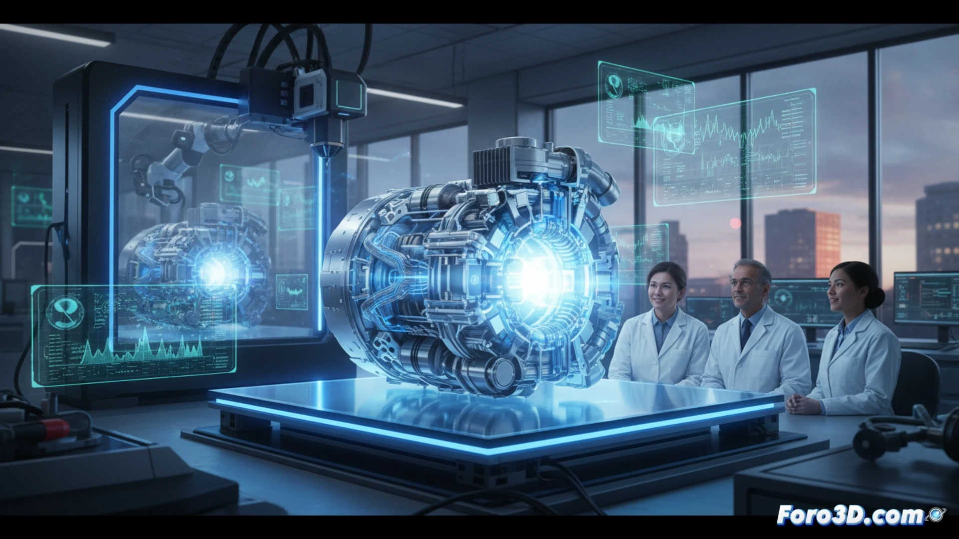 Ilustración de un motor de hidrógeno impreso en 3D, con piezas metálicas brillantes de geometría orgánica, rodeado de partículas de energía azul y un fondo tecnológico danés.