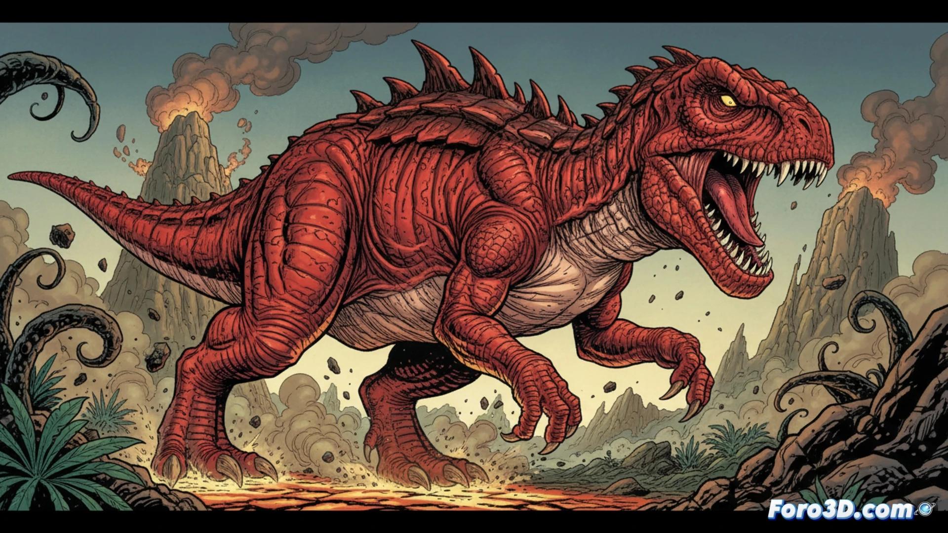 Un dinosaurio rojo gigante y un niño cavernícola enfrentan un mundo primitivo y hostil, en puro estilo Kirby.