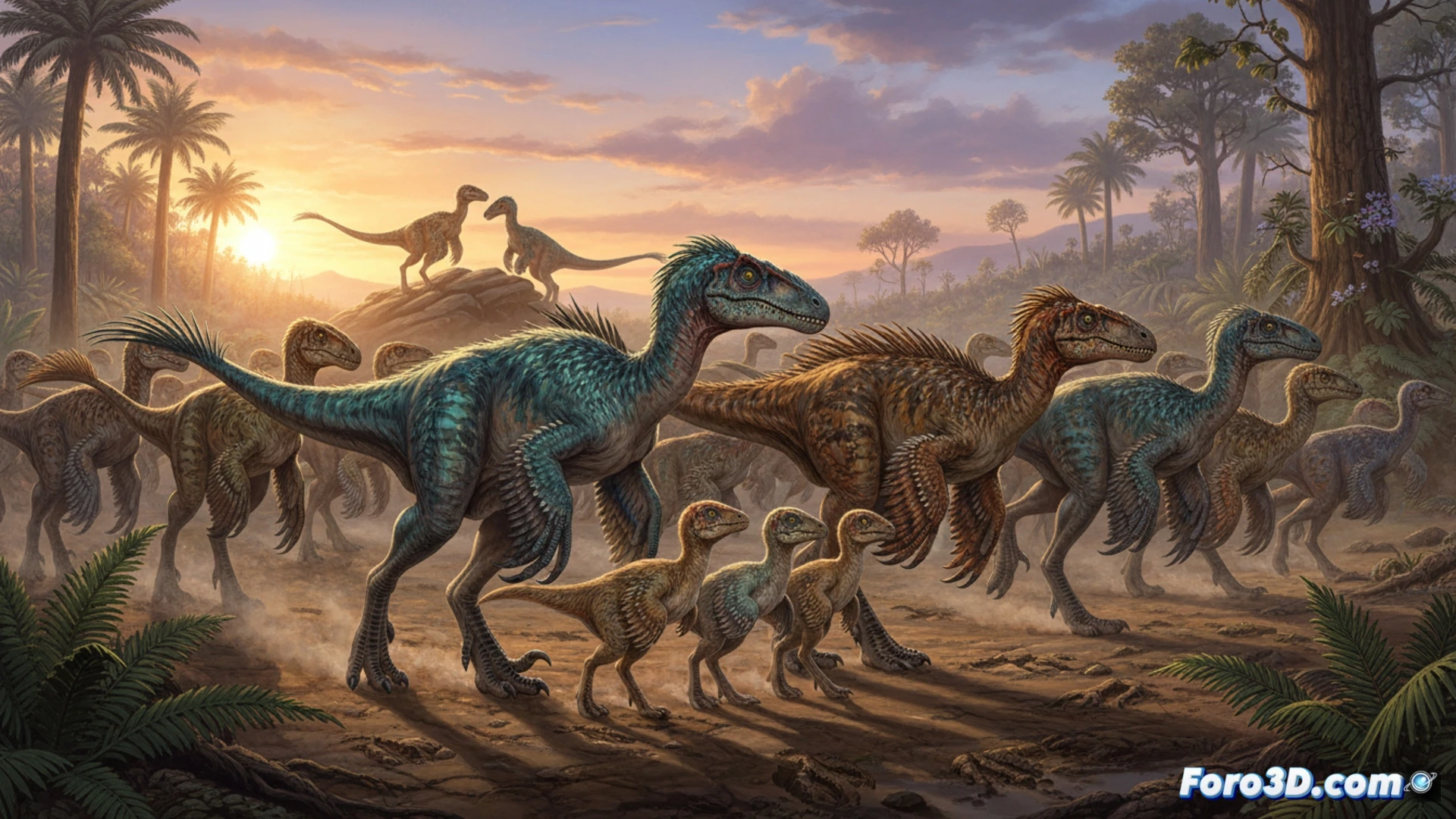 Una manada de dinosaurios adultos rodea a crías en un nido fósil; huellas paralelas y gestos de comunicación entre ellos, bajo un cielo prehistórico.