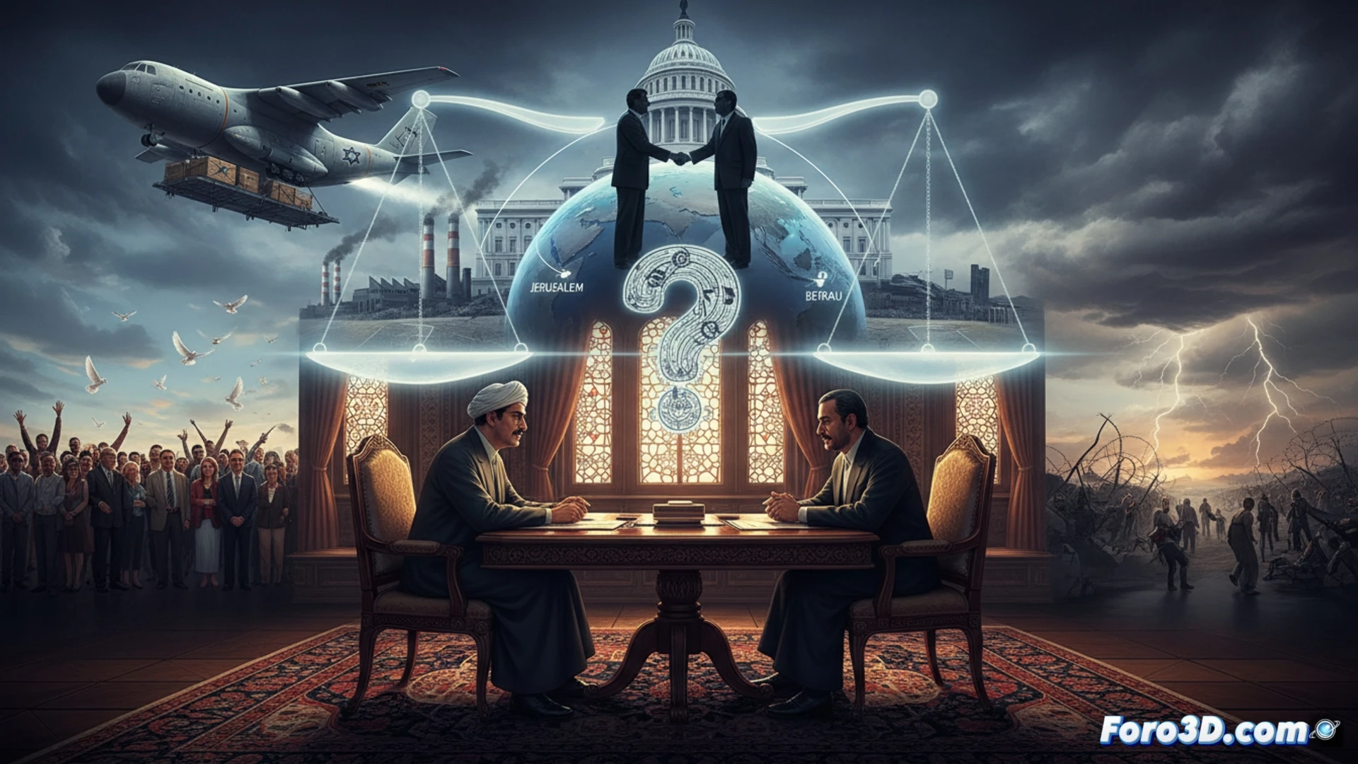 Una mesa de negociaciones en Teherán, con mapas de Oriente Medio, mientras aviones de carga militares despegan en segundo plano.