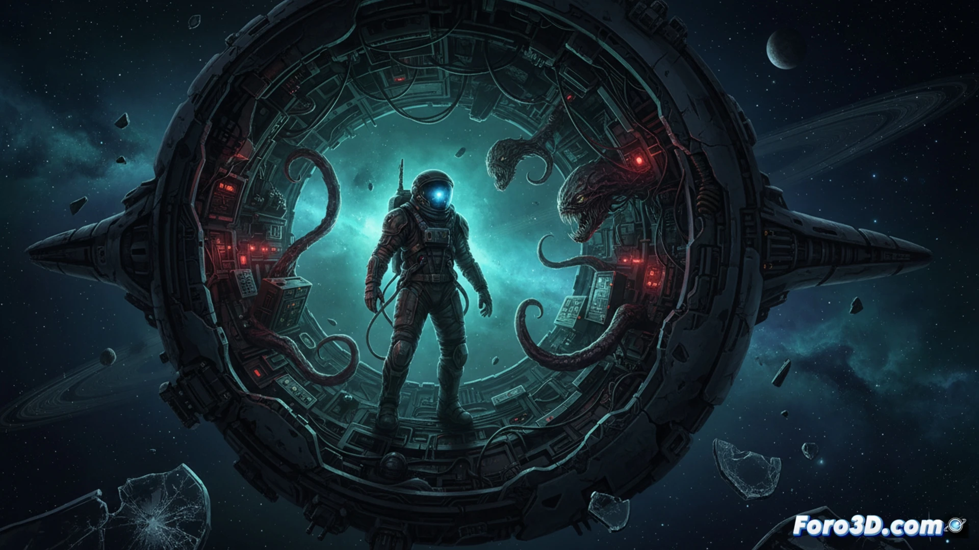 Astronauta aterrado huye por pasillo oscuro de nave, luces rojas parpadean y sombras alienígenas acechan.