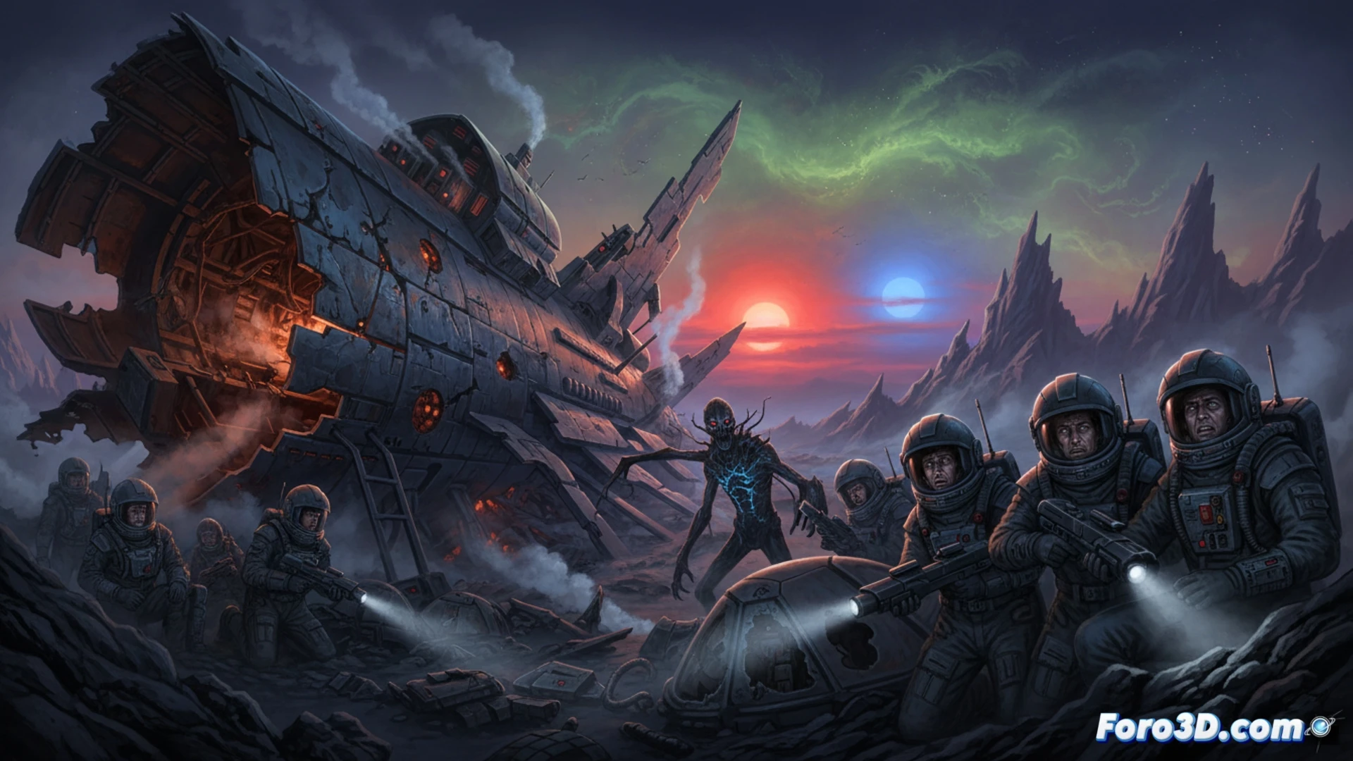 Una nave espacial de estilo retro-futurista, iluminada por luces rojas de emergencia, con un pasillo claustrofóbico y sombras alienígenas acechando.