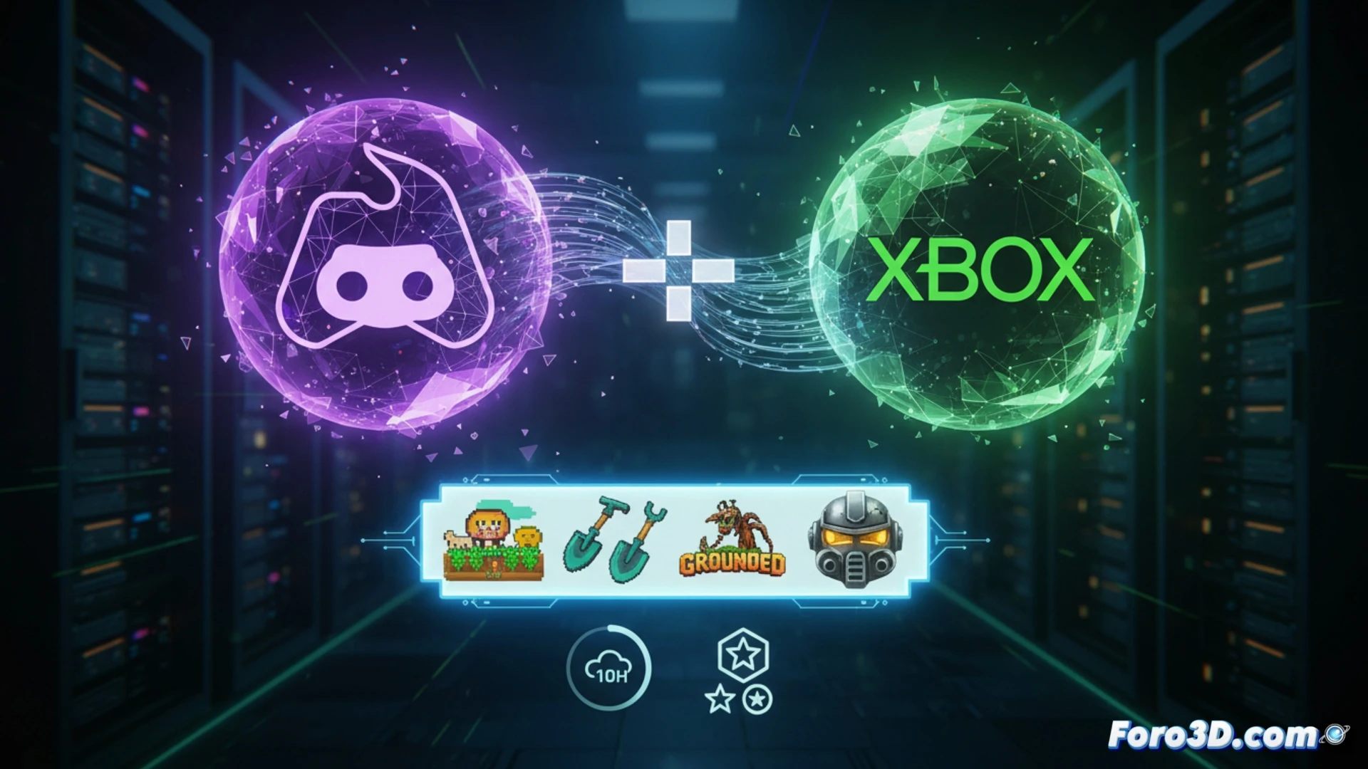 Un fondo oscuro con el logo de Discord Nitro en púrpura, junto al emblema de Xbox Game Pass en verde. Al lado, una consola Xbox y un control inalámbrico, con destellos digitales que simbolizan la nube. Sobre una mesa virtual, aparecen portadas de Stardew Valley, Grounded y Fallout 4.