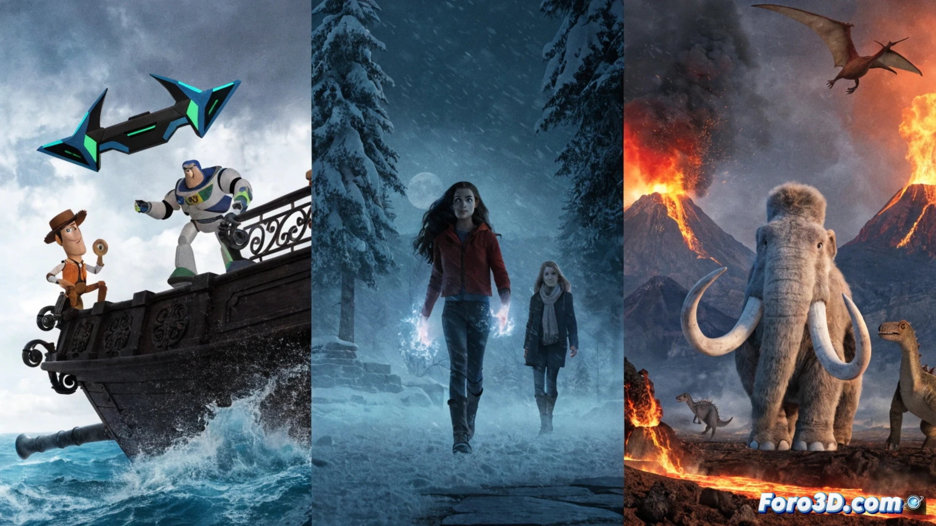 Una pantalla de cine muestra a Woody, una bruja de 'Hexed' y Scrat de 'Ice Age', con el logo de Disney.