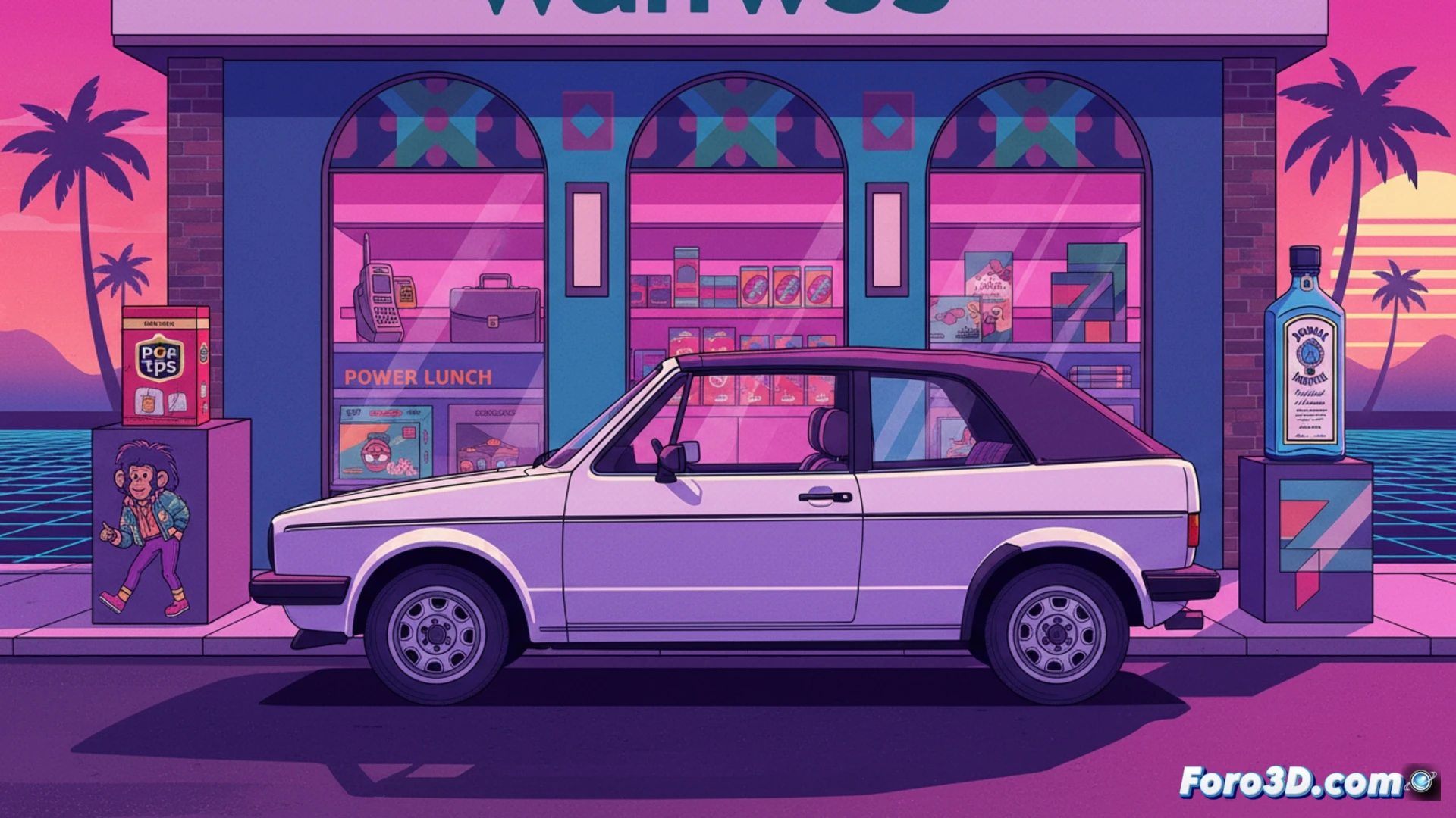 Una escena ochentera con un Volkswagen Golf GTI, productos de las marcas colaboradoras y gráficos de la serie 'Rivals'.