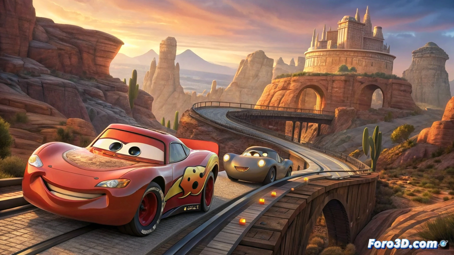 Rayo McQueen y Mate lideran autos de colores en Radiator Springs, bajo un cielo azul brillante.