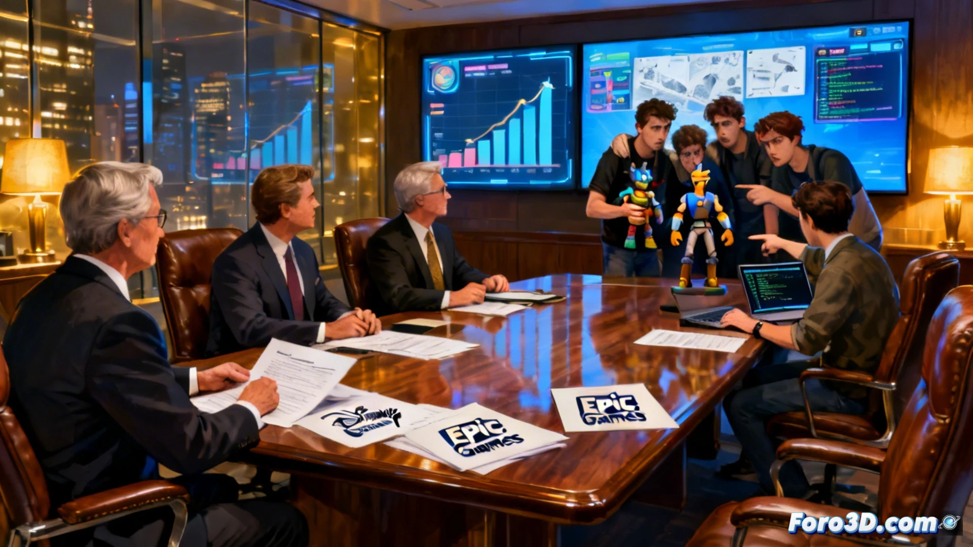 Una mano sostiene un joystick con el logo de Epic, mientras sombras de Mickey Mouse y un castillo Disney se proyectan sobre él.