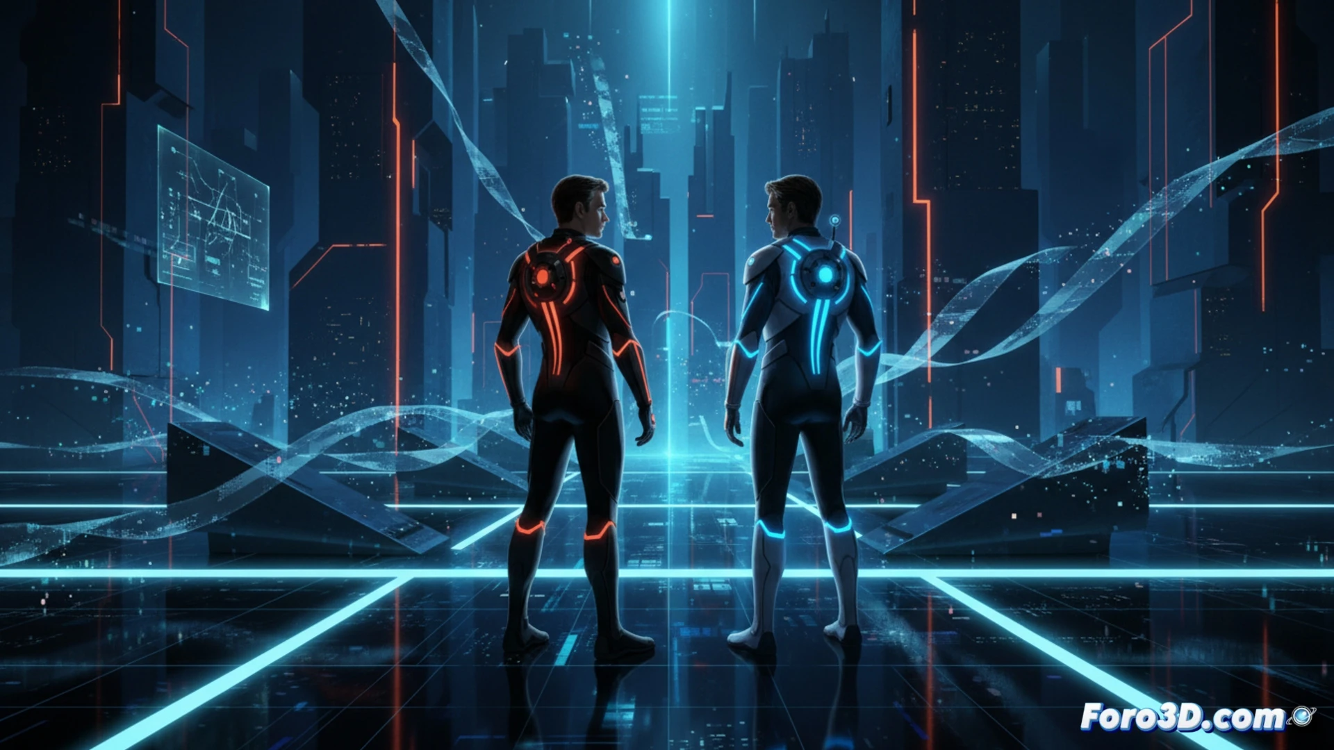 Una Grid digital clásica, con líneas luminosas y ciclistas de luz, recreada fielmente para una nueva película.