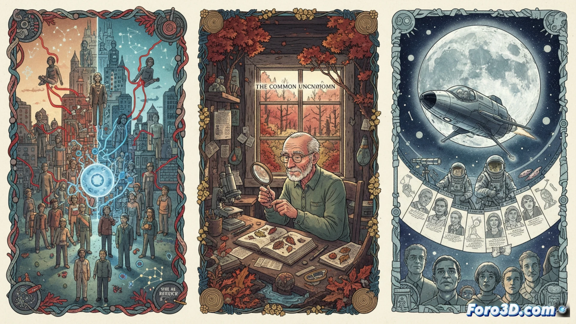 Libro abierto con proyeccion 3D de un ecosistema terrestre y datos climaticos superpuestos, simbolizando la divulgacion cientifica moderna.