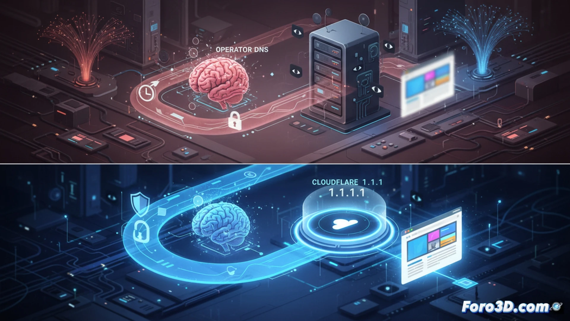 Un hombre frente a una pantalla con un candado y un símbolo de DNS, eligiendo entre rutas rápidas y seguras.