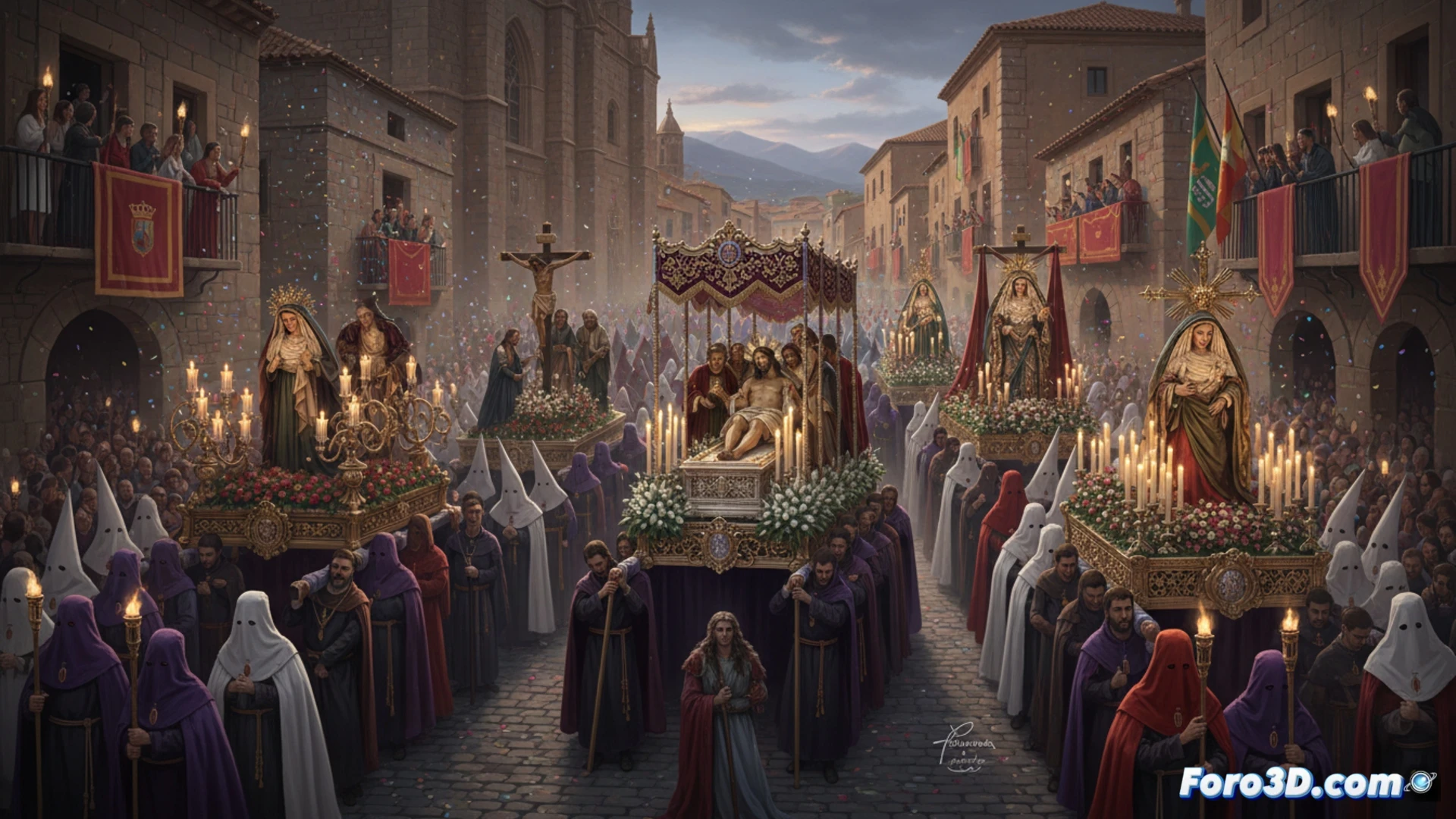 Fotogrametria 3D de un paso de Semana Santa durante una procesion nocturna, capturando detalles y ambiente.