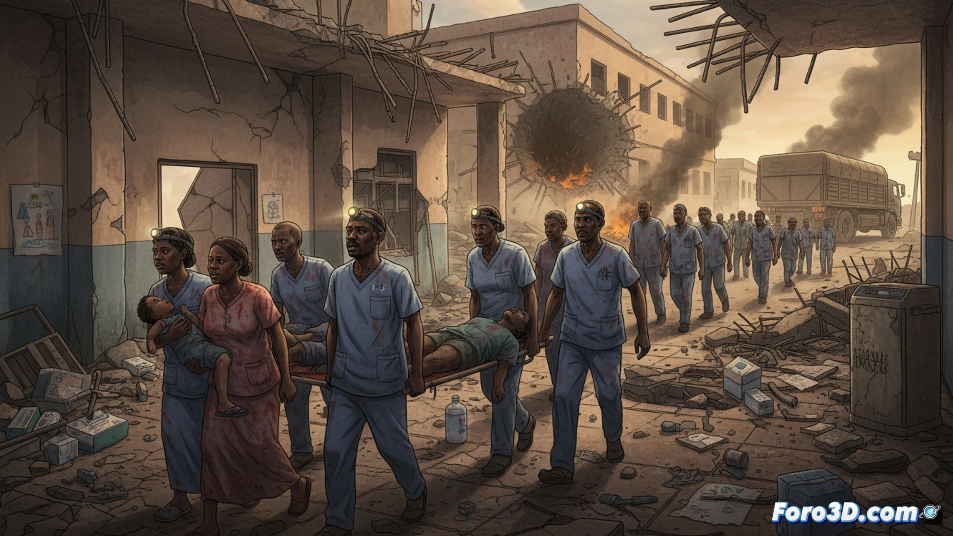 Modelo 3D forense de un hospital bombardeado, mostrando impactos y daños estructurales detallados desde varios angulos.