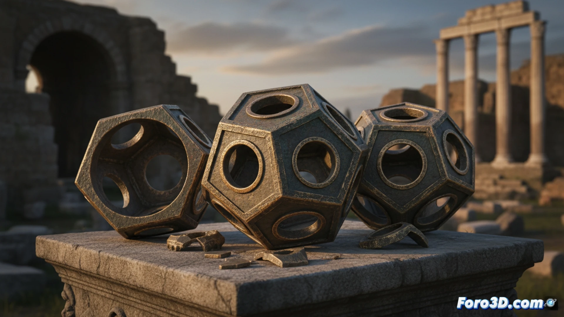 Reconstrucción digital en 3D de un enigmático dodecaedro romano de bronce, mostrando sus caras pentagonales y agujeros.
