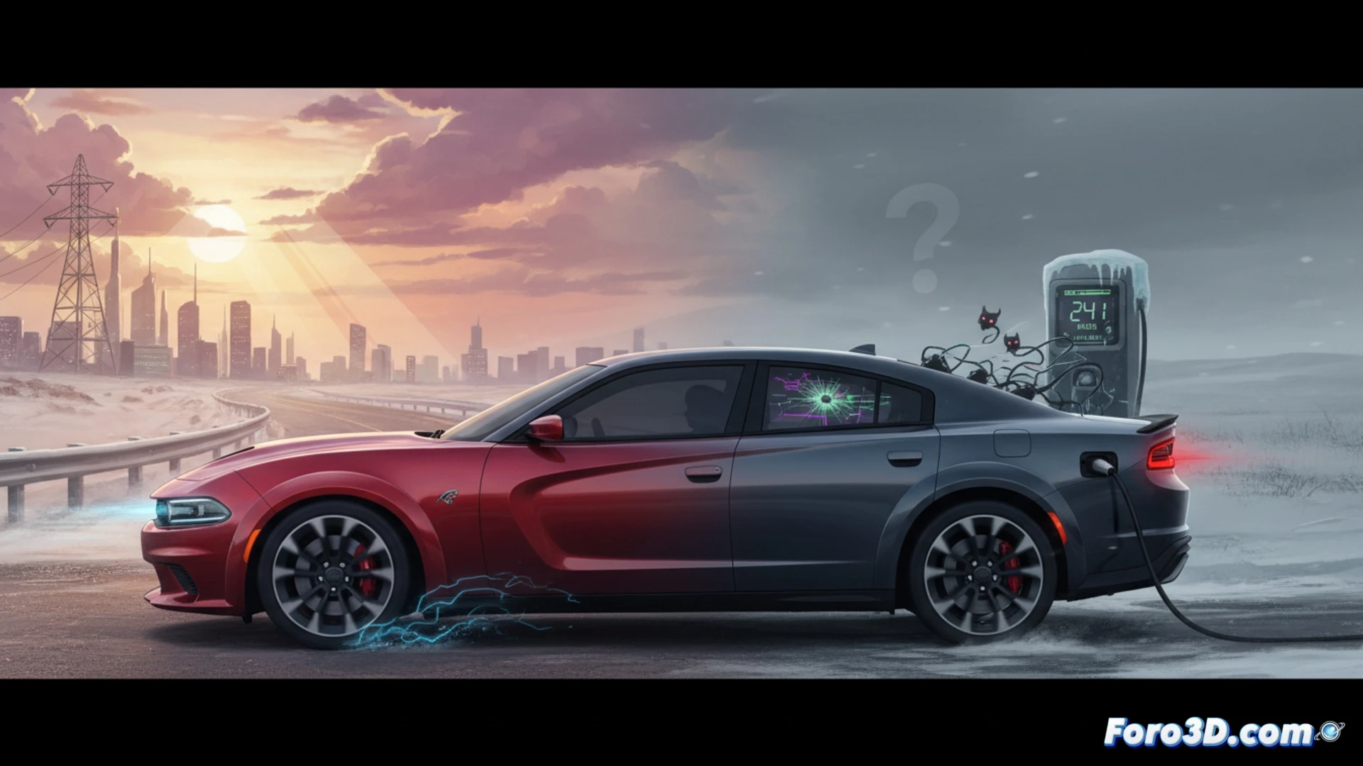 Un Dodge Charger eléctrico aparcado, con un cable de carga defectuoso y una expresión de frustración en el conductor.