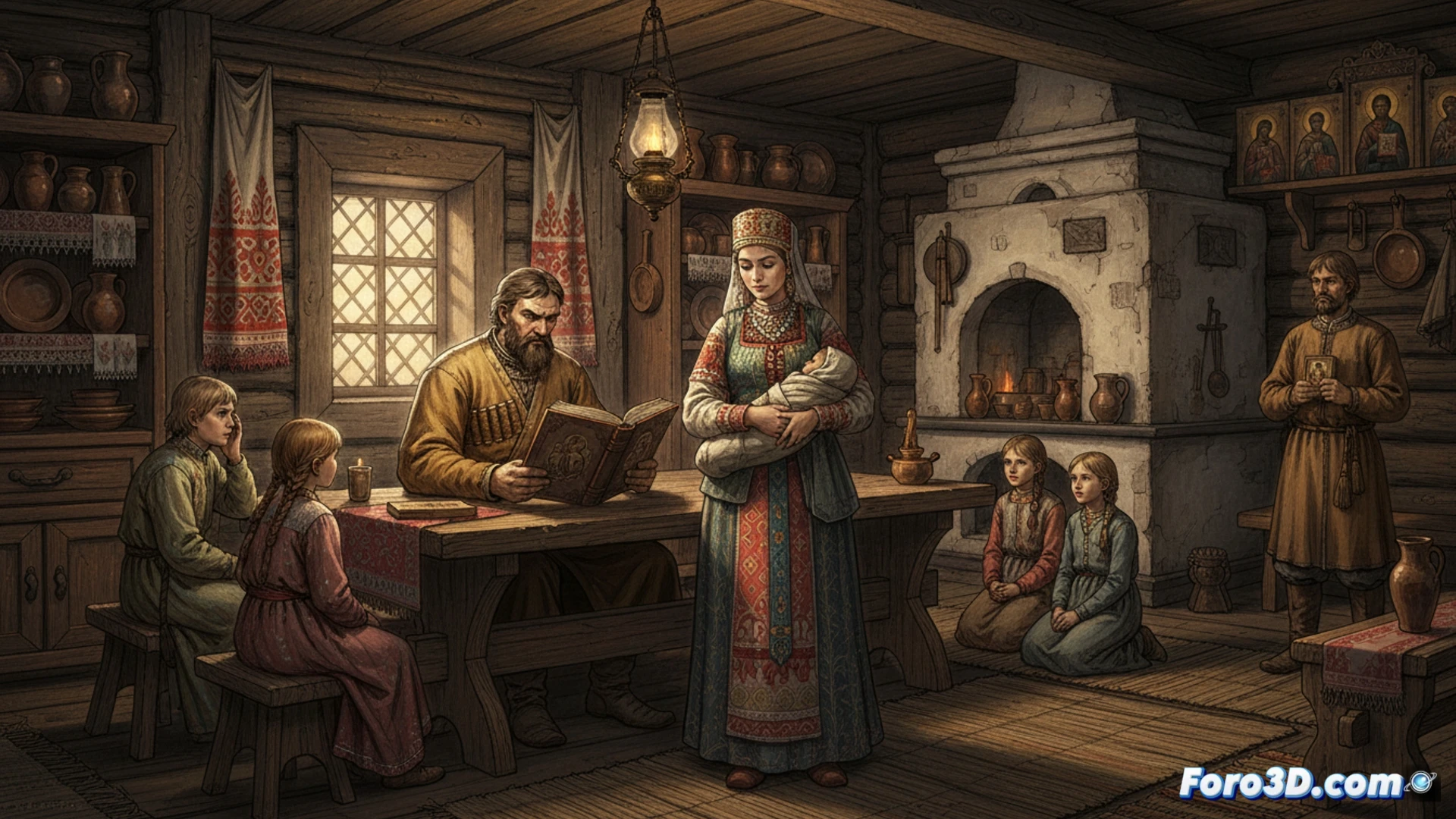 Reconstrucción digital 3D de una estancia y objetos domésticos de una casa rusa medieval, basada en el Domostrói.