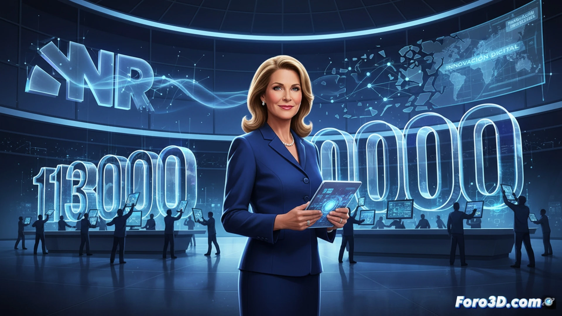 Connie Ballmer observa un gran cheque simbólico de 80M para NPR, mientras al fondo se ven recortes de personal.