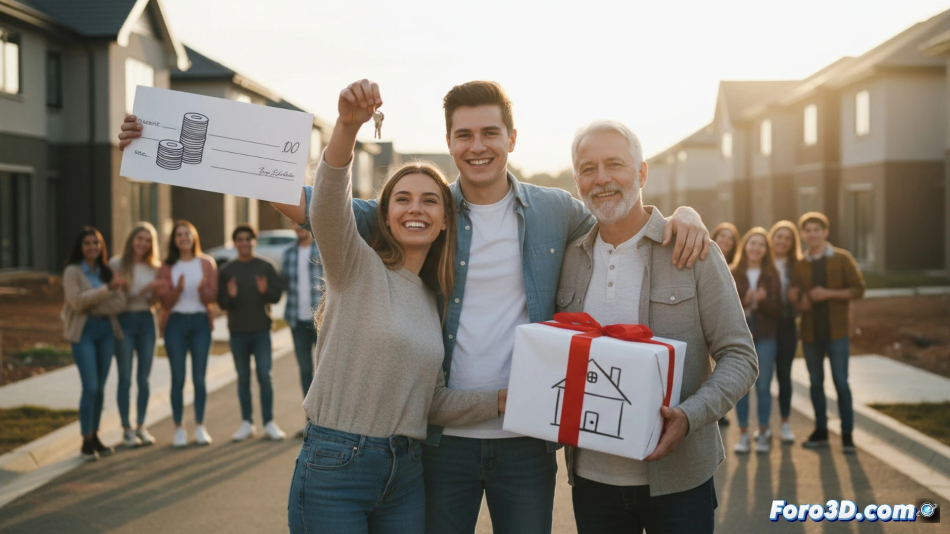 Una pareja joven recibe las llaves de un piso de manos de sus padres mayores, con una brecha dibujada entre generaciones y un horizonte urbano de fondo.