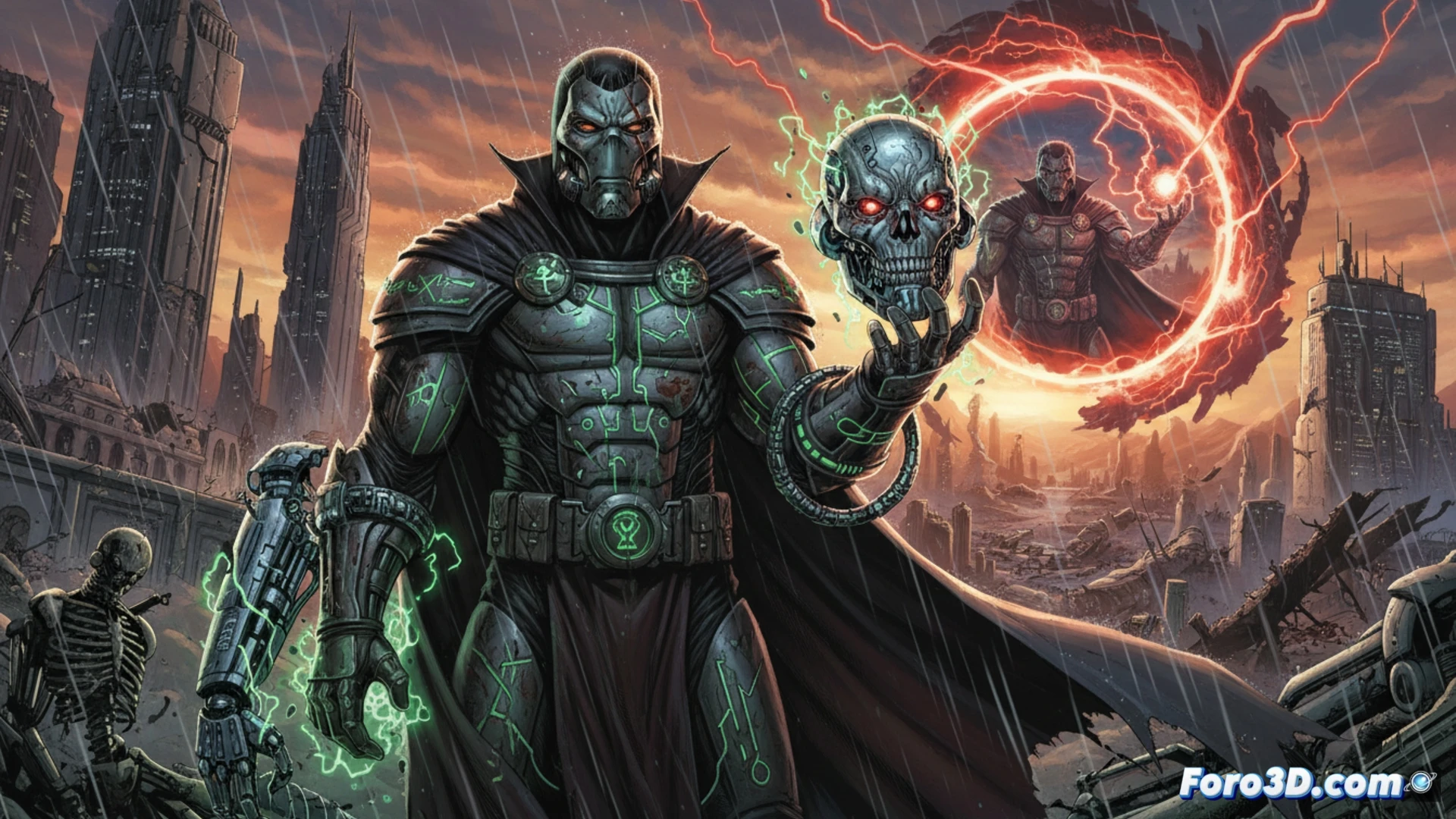 Doctor Doom, con capa roja y yelmo, repara la cabeza de Ultron entre escombros, bajo un cielo rojo y ruinas humeantes.