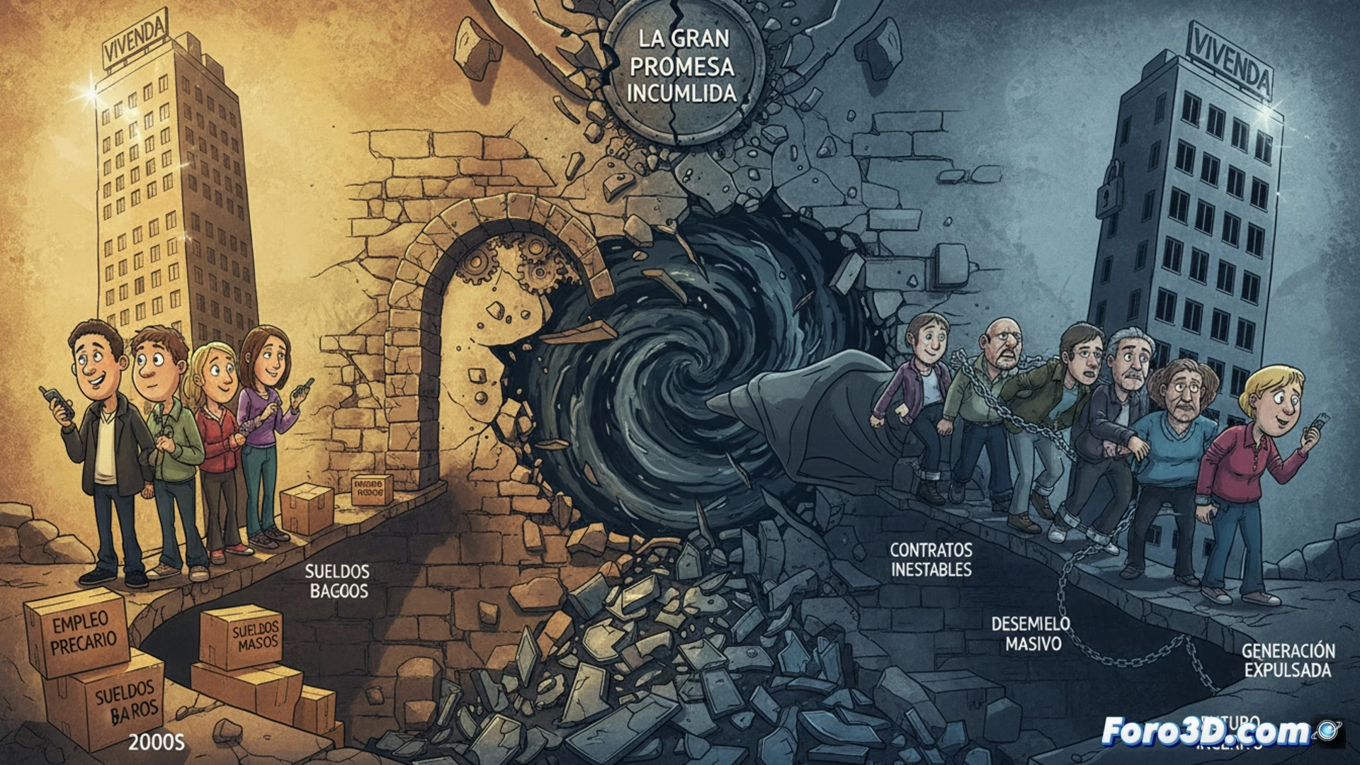 Un joven observa un horizonte urbano difuminado, con iconos de precariedad laboral y vivienda inalcanzable flotando entre dos décadas de calendarios rotos.