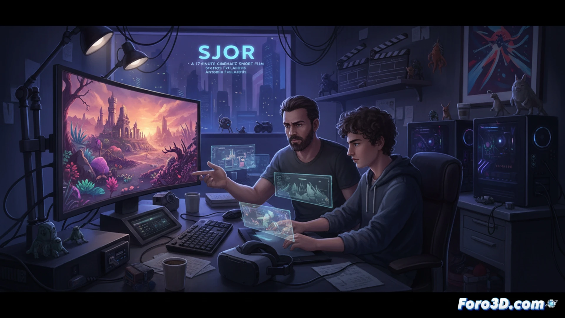 Dos hermanos frente a pantallas de Blender y Unreal Engine 5, creando el corto SJOR de 17 minutos.