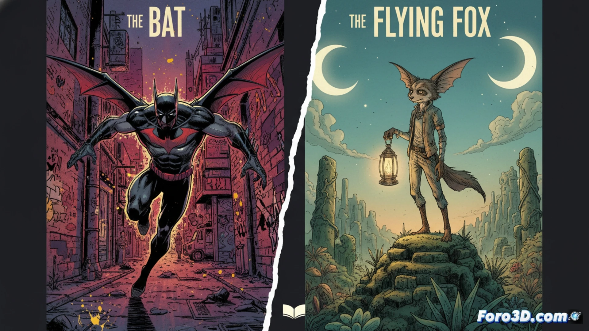 Dos estilos de cómic: uno con arte vibrante y acción urbana, otro introspectivo y de trazo detallado, ambos usando la figura de un murciélago.