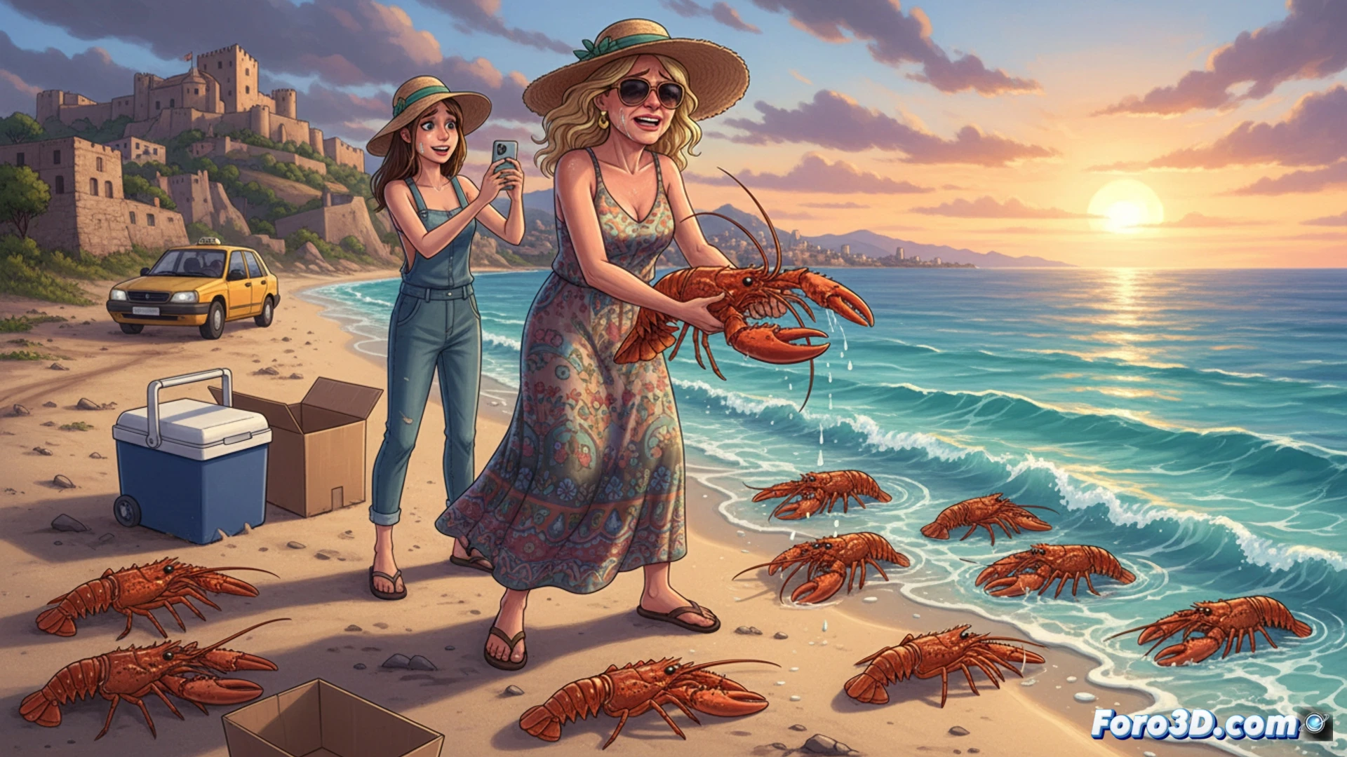 Una madre y su hija en la playa de Castellammare di Stabia liberan bogavantes en el mar mientras un taxista observa, bajo un cielo nublado napolitano.