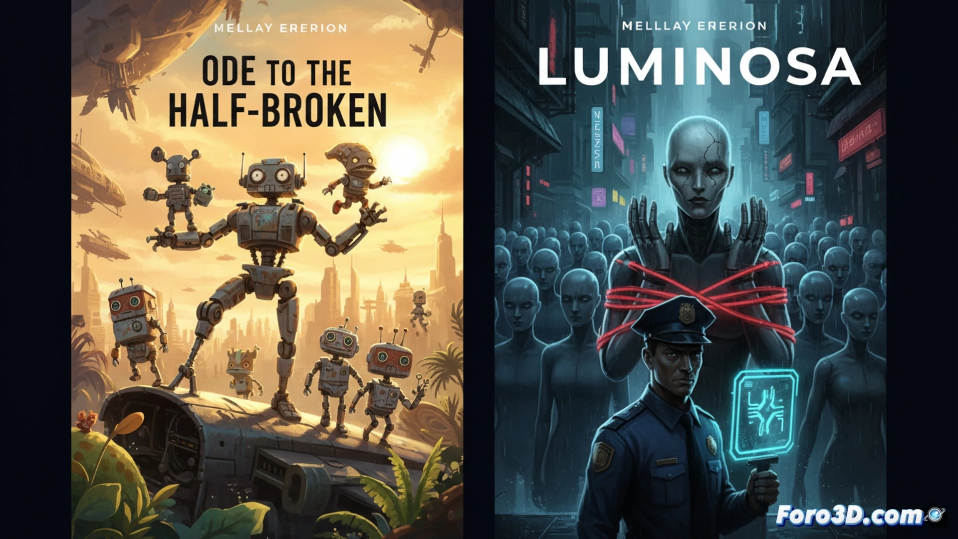 Una escena partida: lado izquierdo, robot sonriente en un jardín soleado; lado derecho, androide encorvado en una calle oscura y lluviosa.