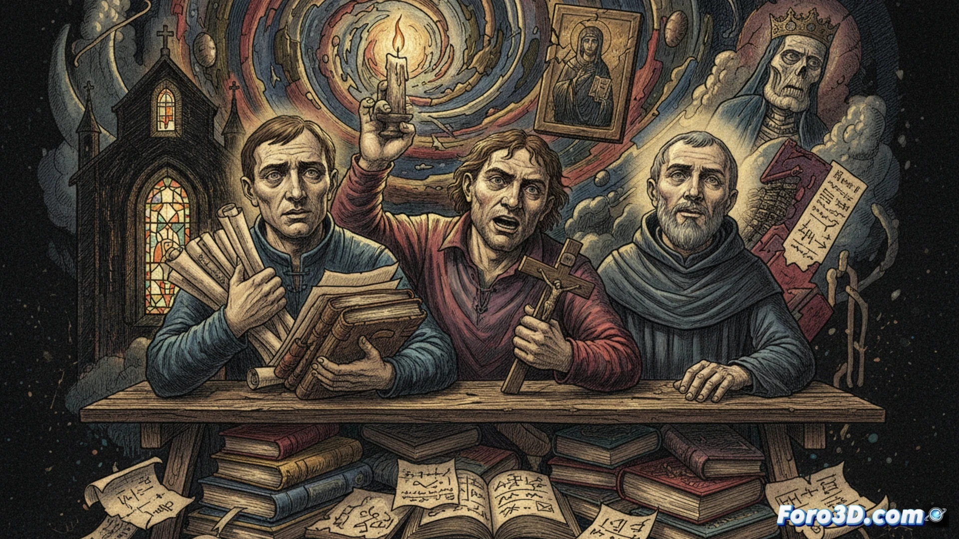 Una cabeza escaneada en 3D, fracturada en múltiples facetas que muestran símbolos de fe, razón y pasión en conflicto.