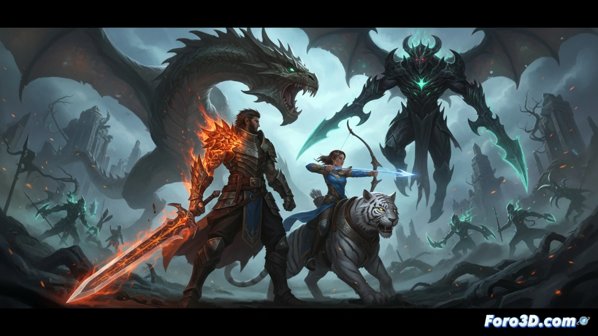 Una épica batalla entre Davion, fusionado con el dragón Slyrak, y el demonio Terrorblade, mientras la princesa Mirana los observa en un cielo tormentoso.