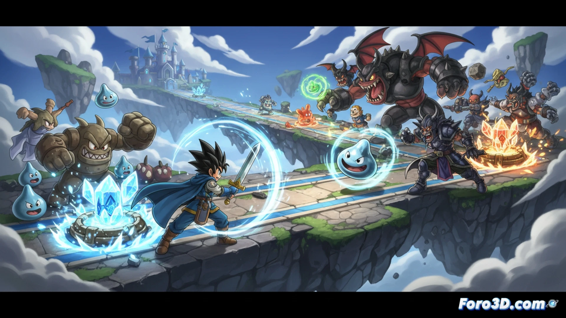 Un héroe de Dragon Quest lanza hechizos defendiendo su torre de monstruos en un campo de batalla vibrante.