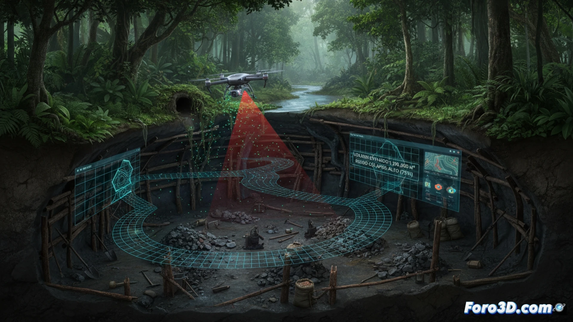 Dron LiDAR Hovermap en galería subterránea oscura escaneando terreno para cálculo volumétrico de minería ilegal