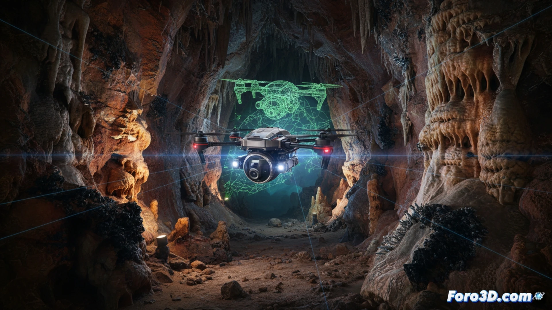 Un dron iluminado escanea en la penumbra las formaciones rocosas y pinturas de la Sala de La Hoya en la cueva de Altamira.