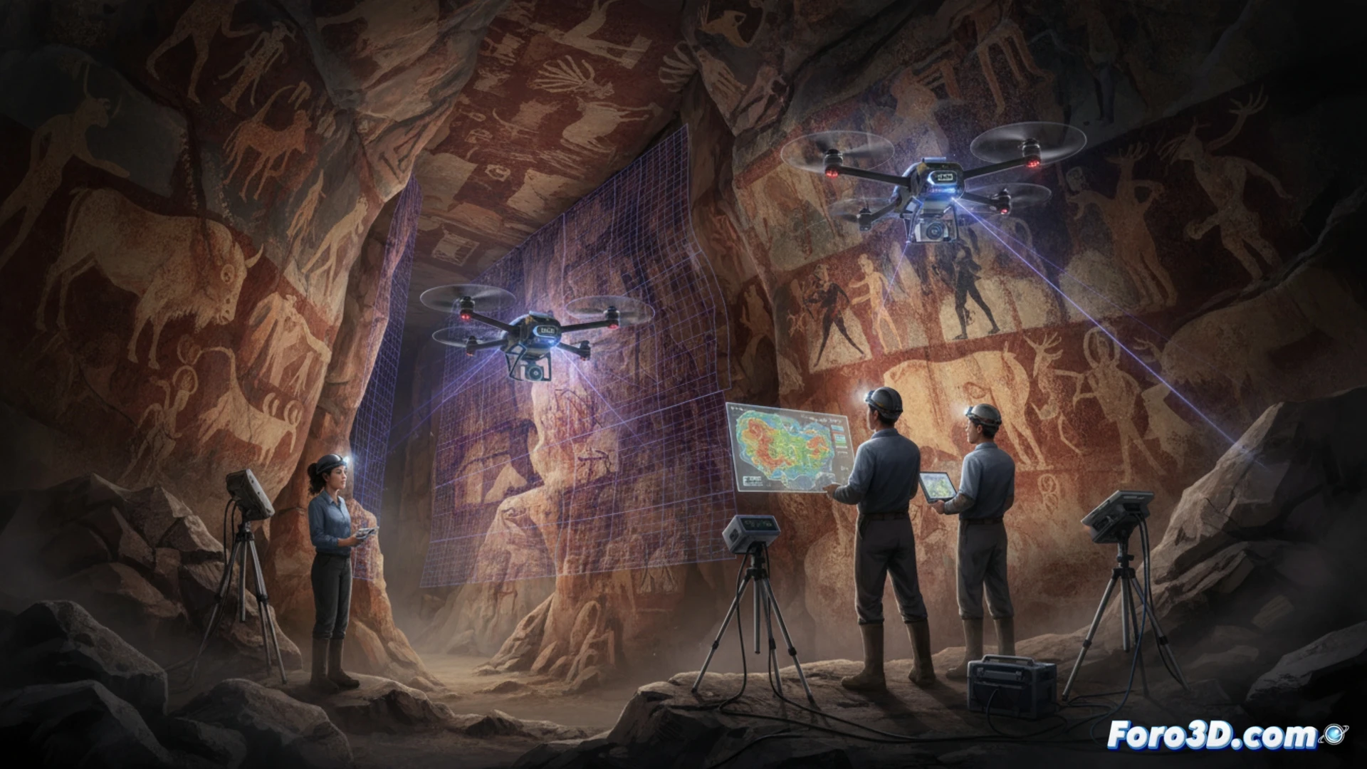 Un dron sobrevuela la entrada de la cueva de Altamira mientras un haz LIDAR escanea formaciones rocosas ocultas, revelando pasadizos en 3D sin dañar las pinturas.