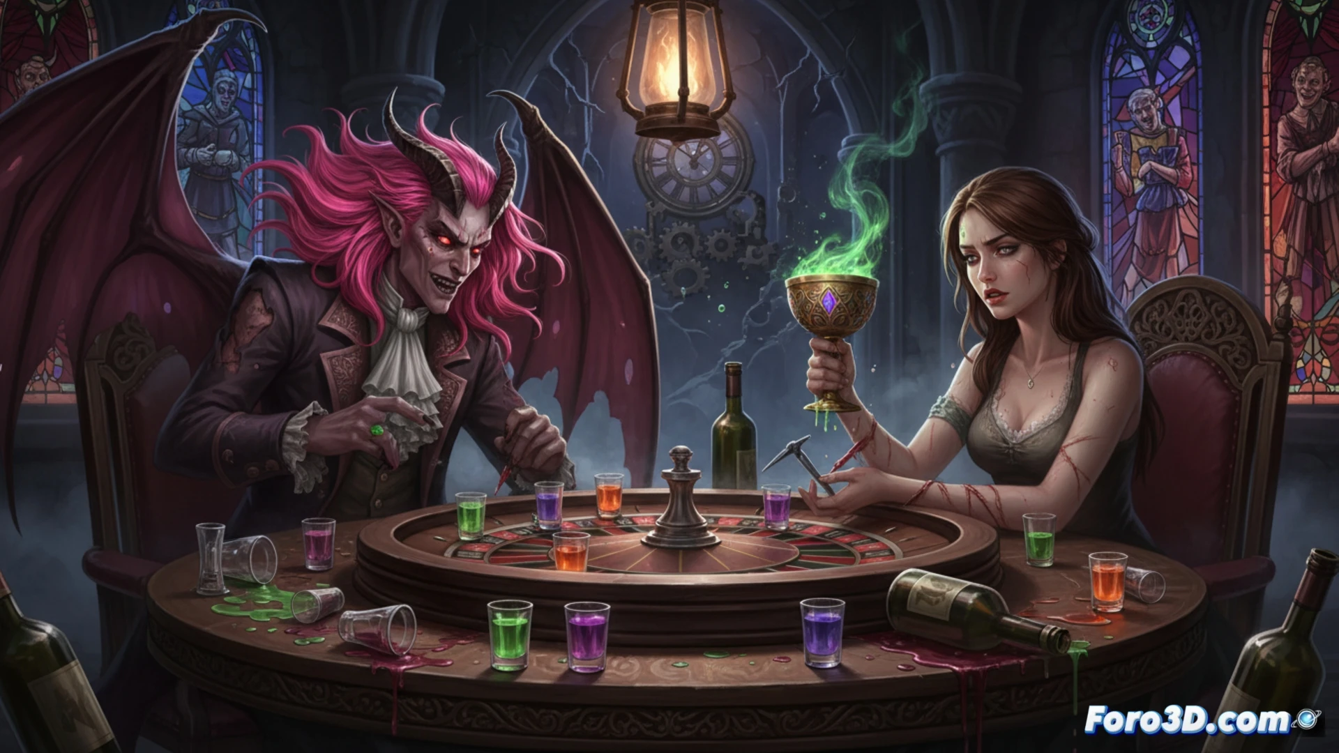 Una diosa ebria de pelo rosa sostiene un vaso de alcohol frente a un demonio sonriente; una ruleta rusa etílica bajo luces de neón.