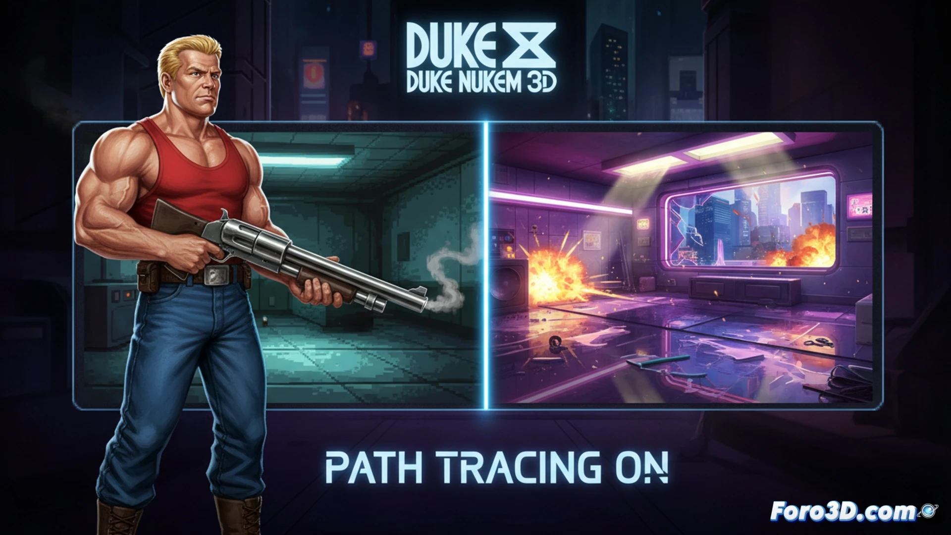 Un primer plano del Duke con gafas de sol sonríe frente a un pasillo oscuro con suelos brillantes y reflejos metálicos, iluminado por neones verdes y sombras nítidas del trazado de rayos.