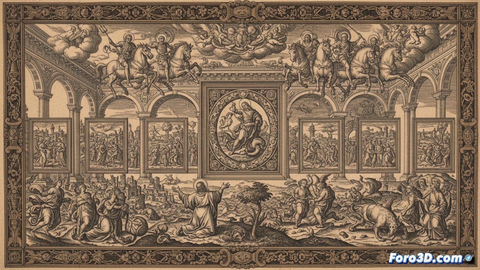 Una xilografía detallada del Apocalipsis de Dürer, con trazos precisos en blanco y negro, expuesta en la Pinacoteca Nazionale de Bolonia.