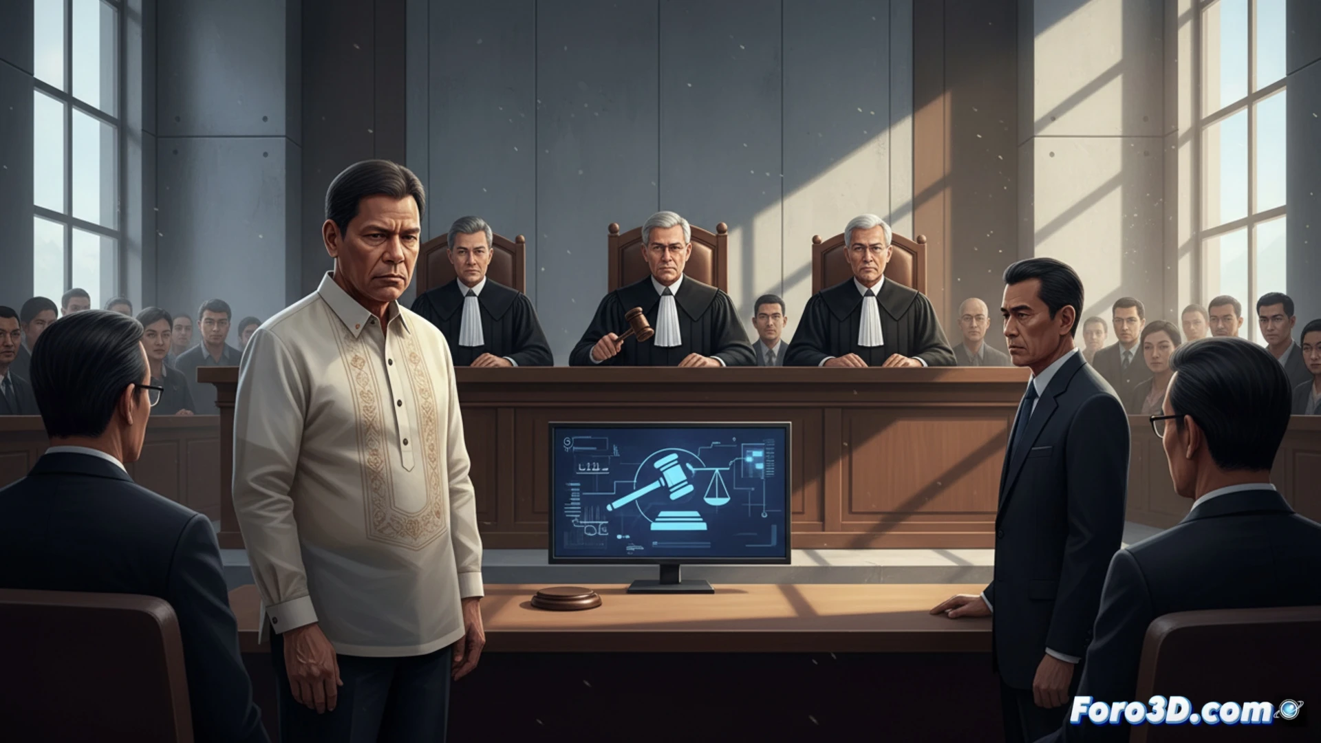 Descripción detallada para imagen (80-120 caracteres):  
El ex presidente Duterte, de pie en una sala de audiencias en La Haya, frente a jueces y símbolos de la justicia internacional, con un fondo de fotos de víctimas de la guerra antidrogas.