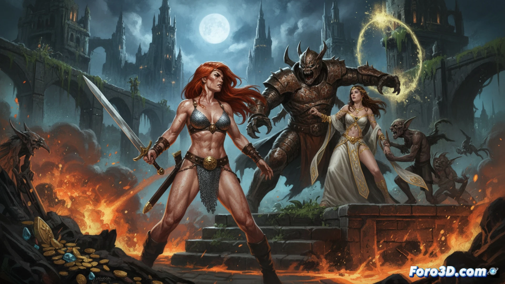 Una guerrera pelirroja con espada rescata a una princesa de un antiguo rival en una mazmorra.