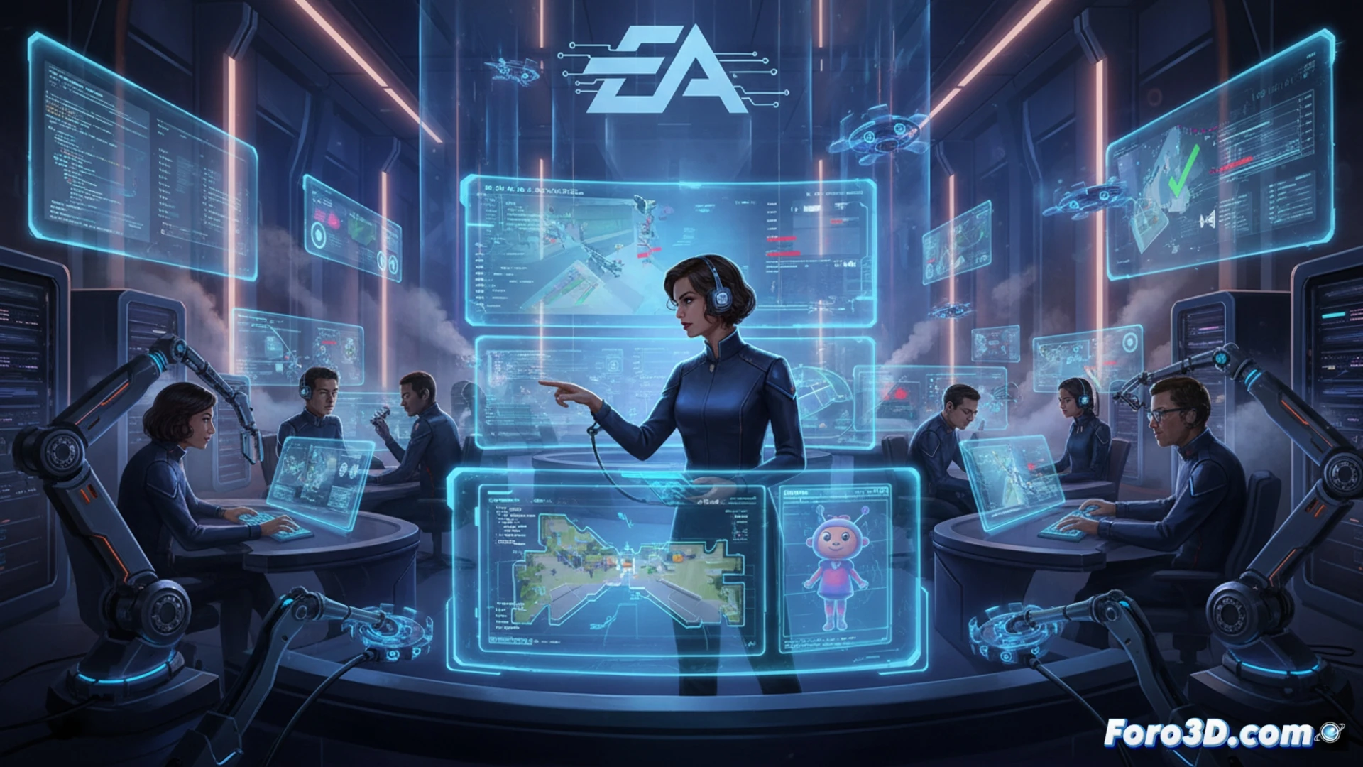 Un ejecutivo sonriente señala una pantalla con un gráfico de IA y empleados. Al fondo, servidores y consolas de juego.